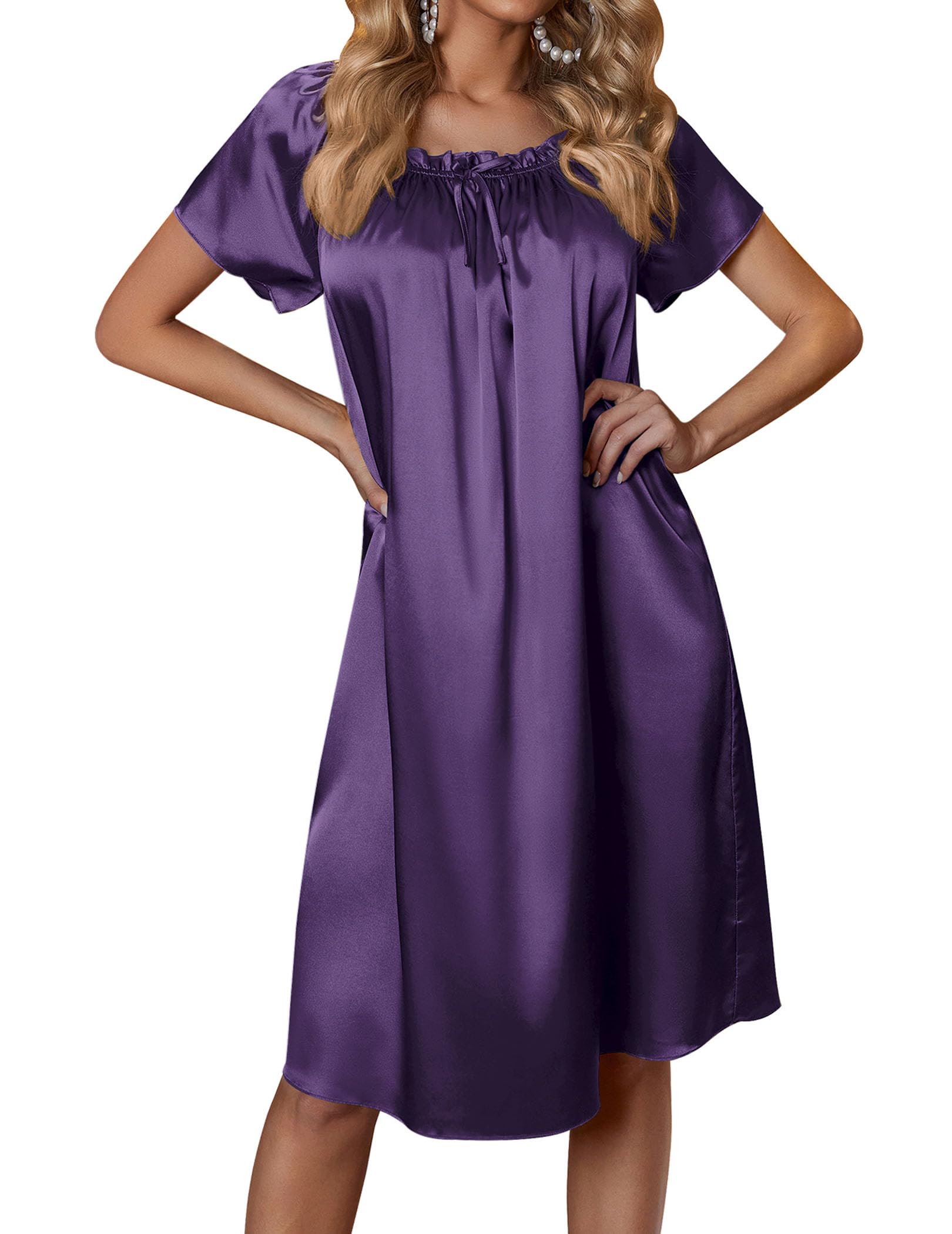 Ekouaer Women's Satin Silk Pleated Nightgown Loose Sleepwear Printed Nightshirt Short Sleeve Sleep Dress WEBE CLOTHING