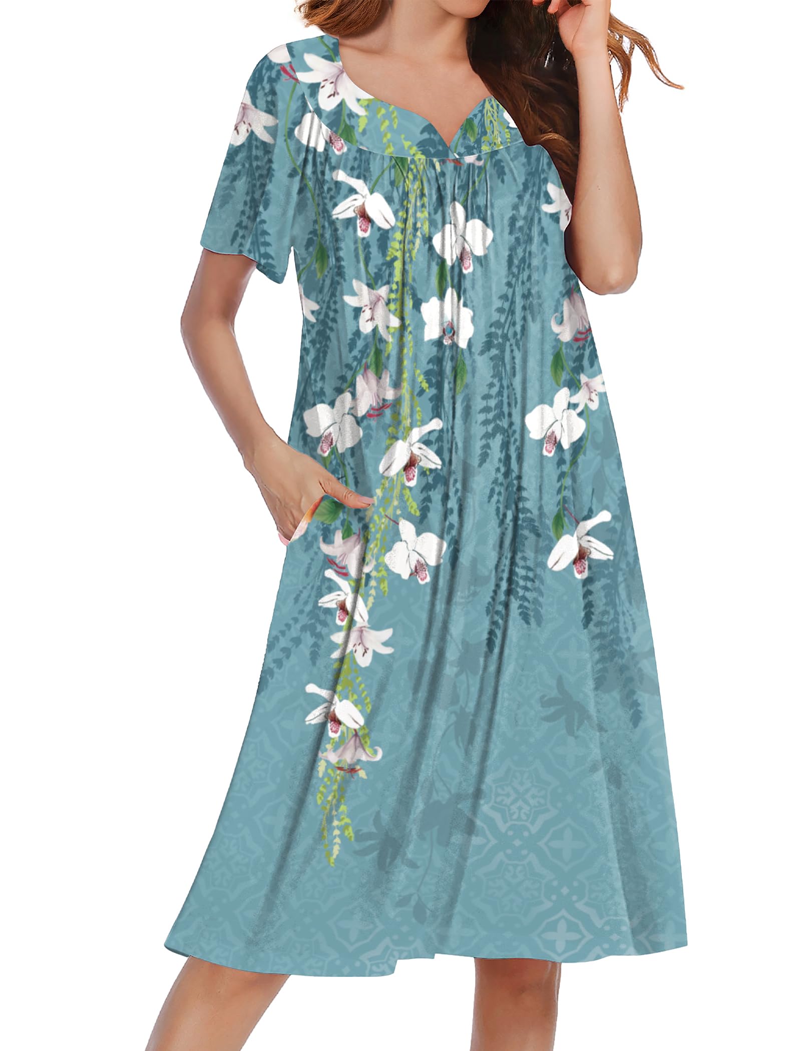Ekouaer Nightgowns for Women House Dress Short Sleeve Moo Moo with Pockets | Pleated Mumu Dresses V Neck Sleepwear Short Sleeve Night Gowns Soft Sleep Shirts Plus Size Night Shirts Ladies Lounge Dress WEBE CLOTHING