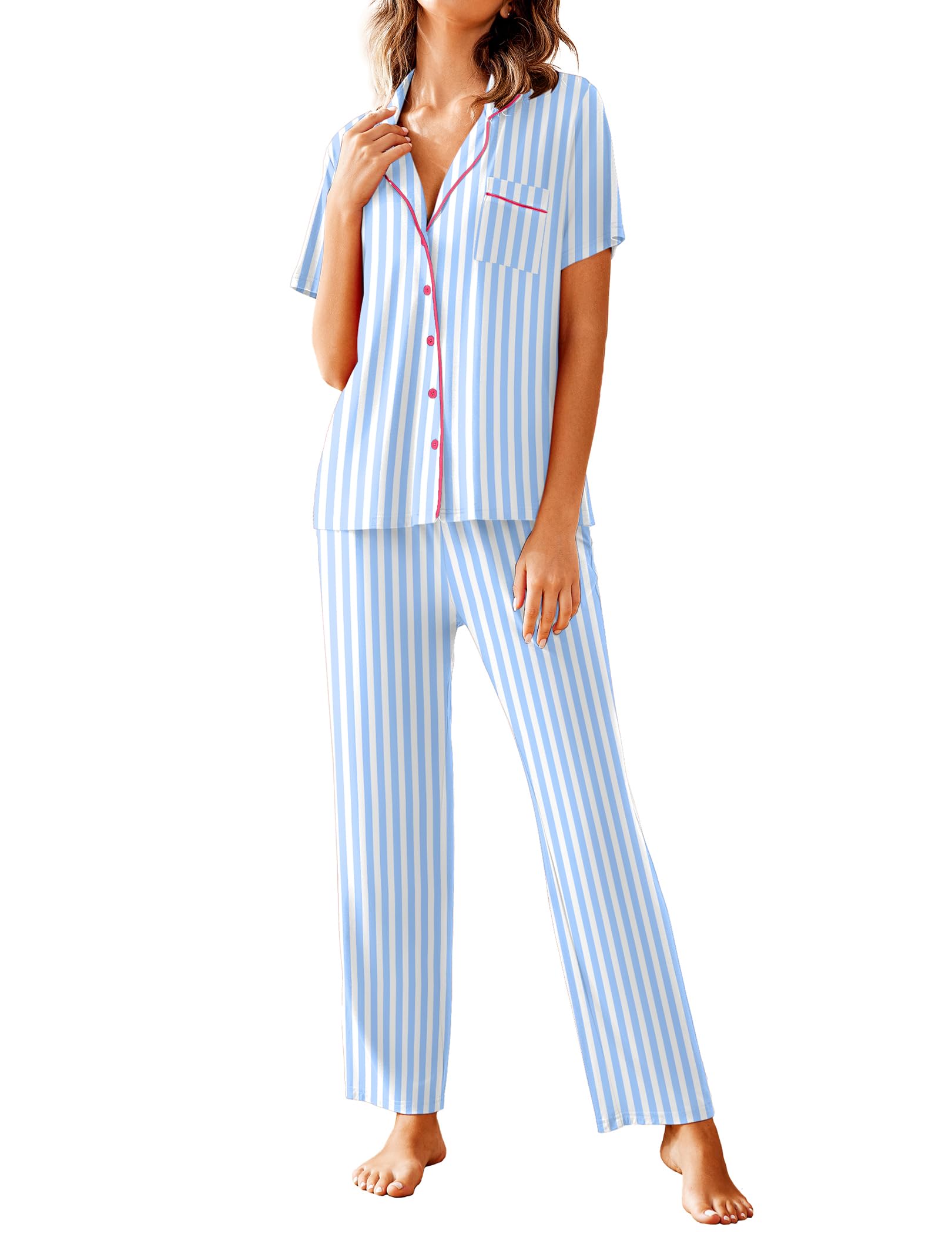 Avidlove Women Pajamas Set Notch Collar Soft Sleepwear Pjs Short Sleeve Button Down Nightwear with Long Pants