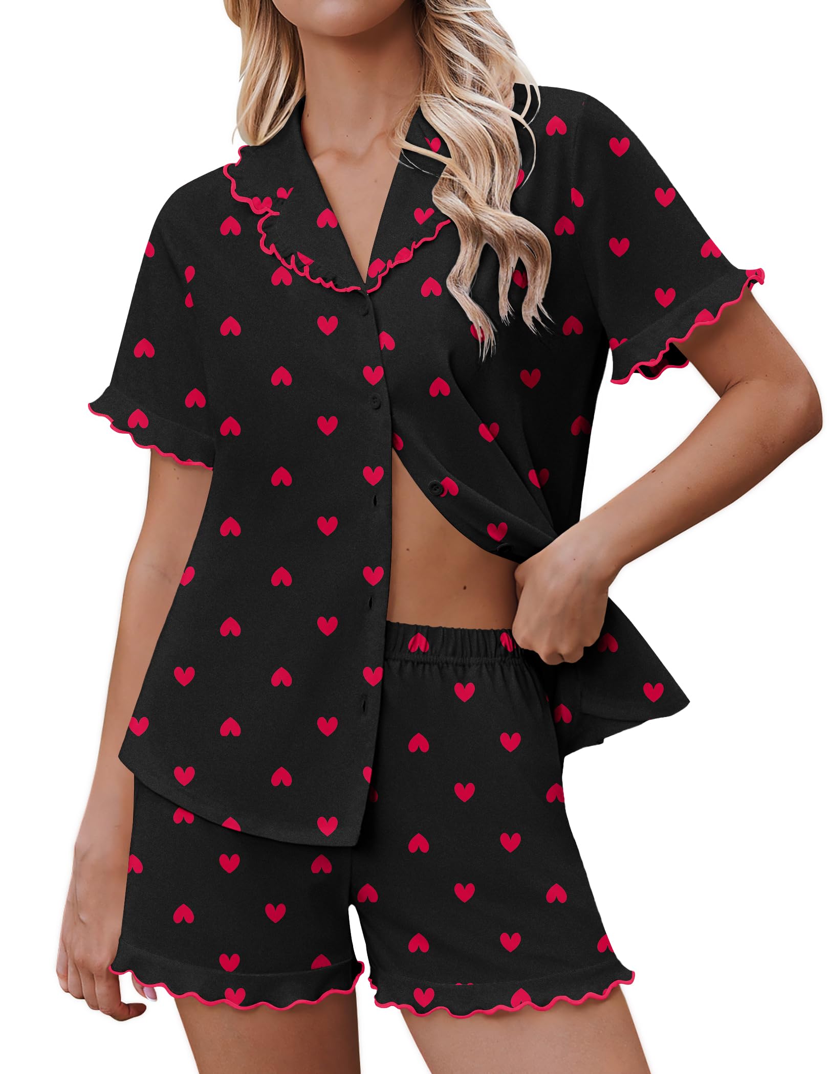 Ekouaer Pajamas for Women Sets Cute Pjs Button Down 2 Piece Short Sleeve Ruffle Lounge Set Sleepwear WEBE CLOTHING