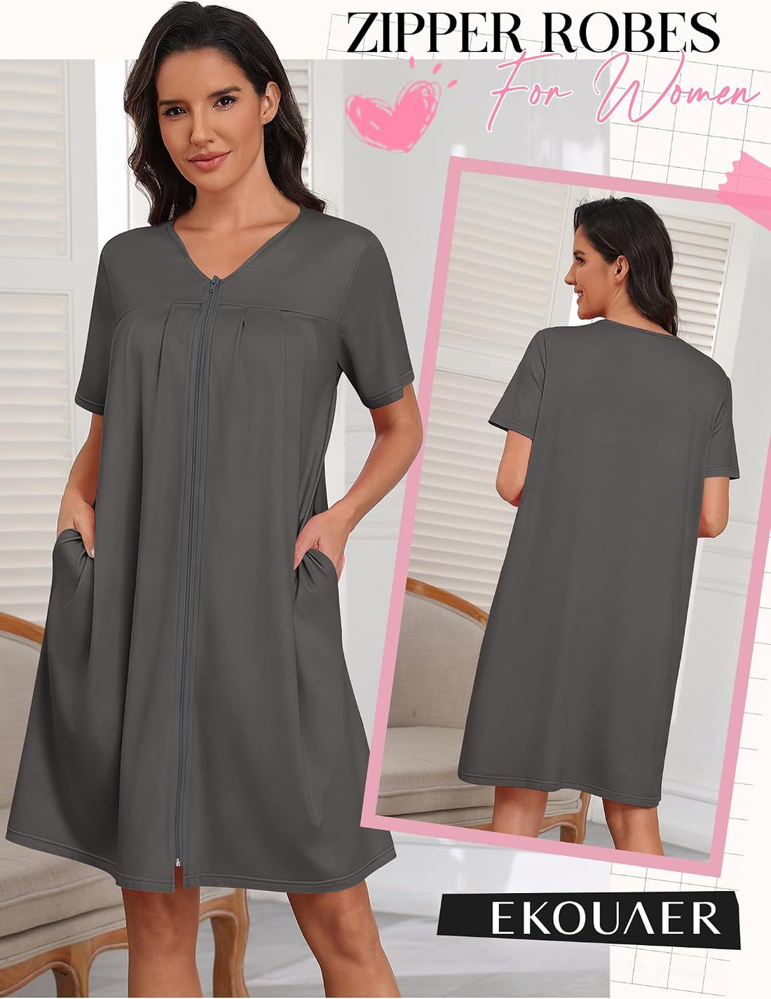 Ekouaer Zipper Robes for Women Short Knit Bathrobes Lightweight Knee Length Housecoat with Pockets Nightgown S-3XL