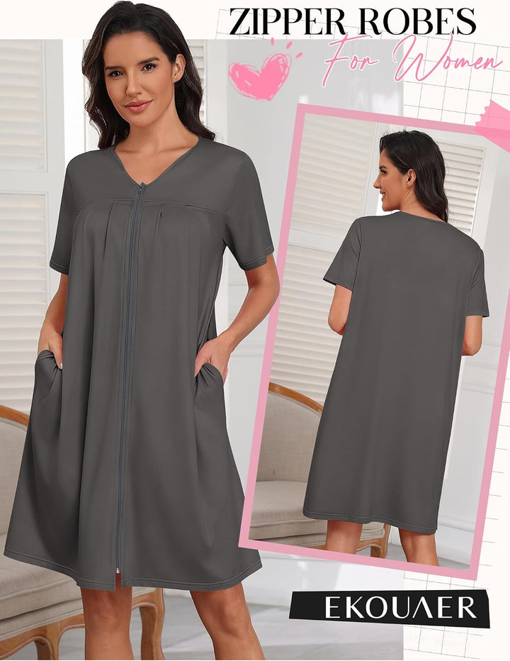 Ekouaer Zipper Robes for Women Short Knit Bathrobes Lightweight Knee Length Housecoat with Pockets Nightgown S-3XL