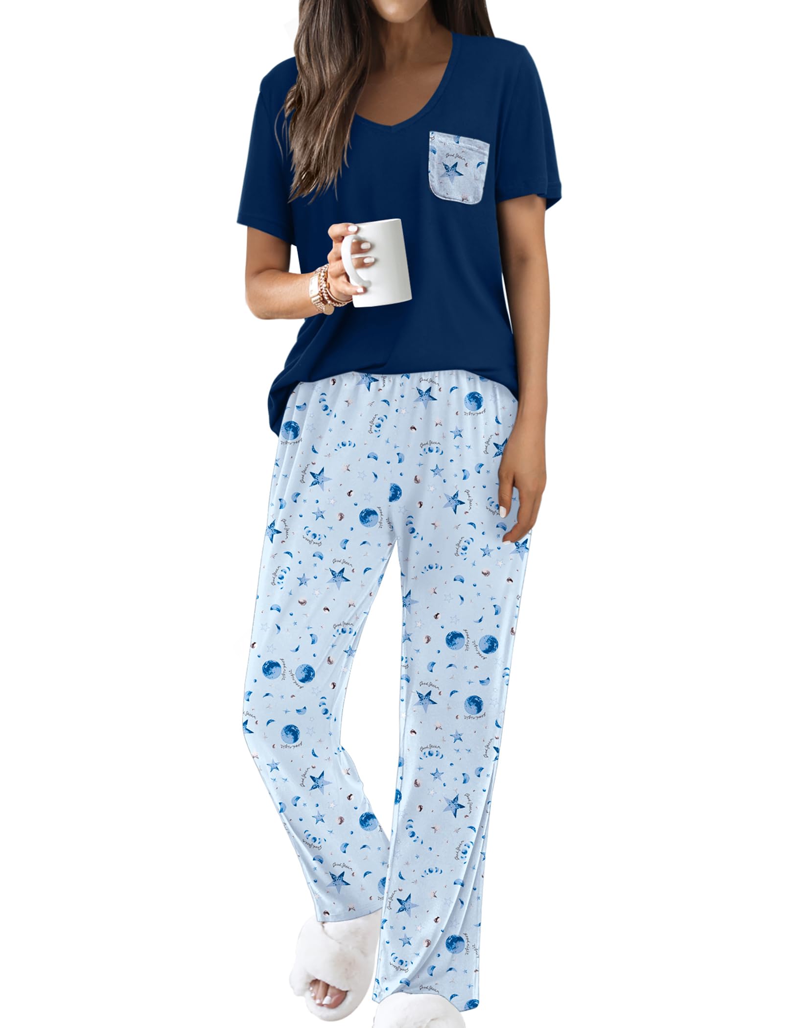 Ekouaer Pajama Sets for Women Short Sleeve Pj Set V Neck Sleepwear Chest Pocket with Long Pants Casual Loose Loungewear WEBE CLOTHING