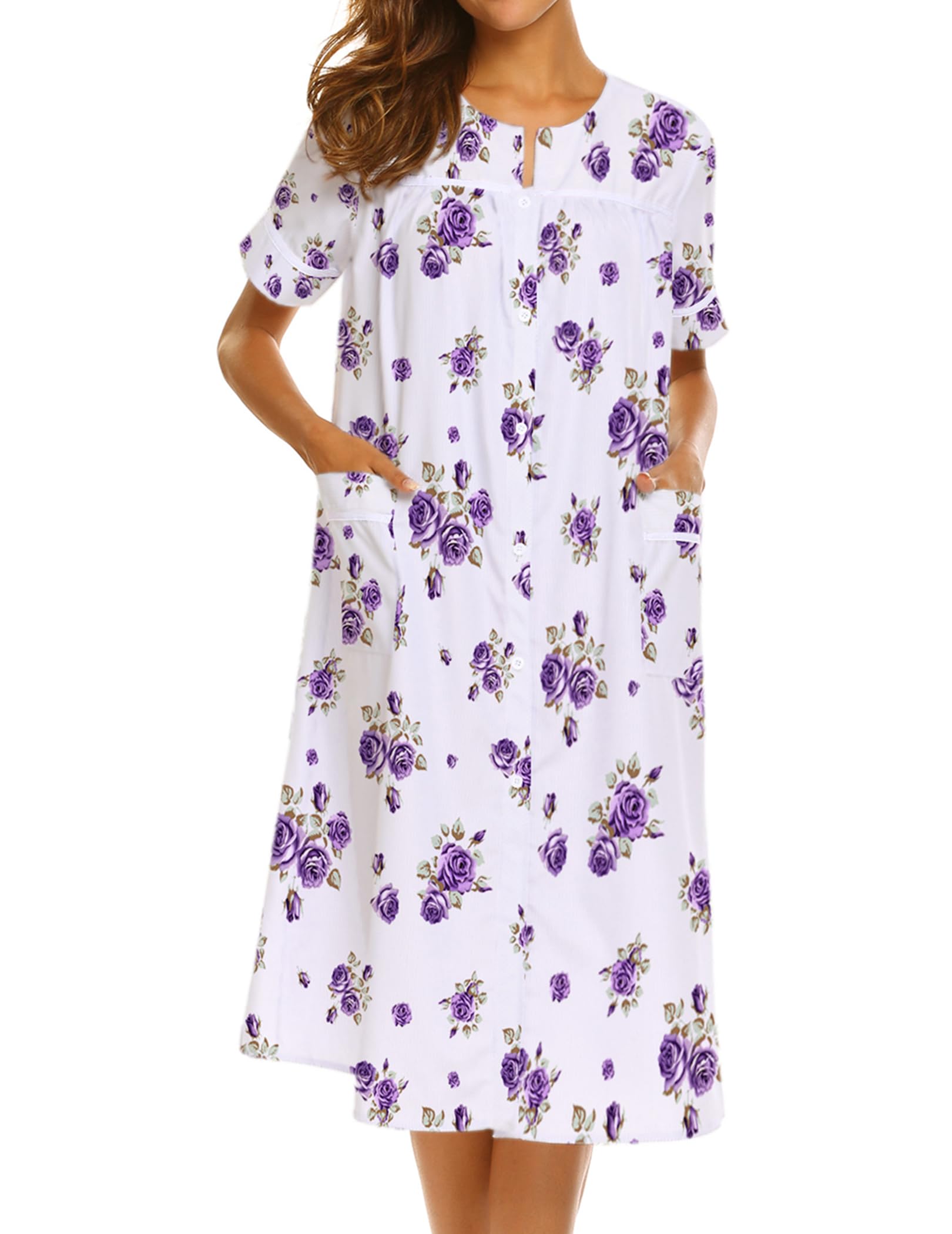 Ekouaer House Dress for Women with Pockets Duster Button Down Nightgown | Nightgowns for Women, Button Dwon House Dress with Pockets, Short Sleeve Duster Housecoat, Moo Moos for Elderly, Mumu Dress WEBE CLOTHING