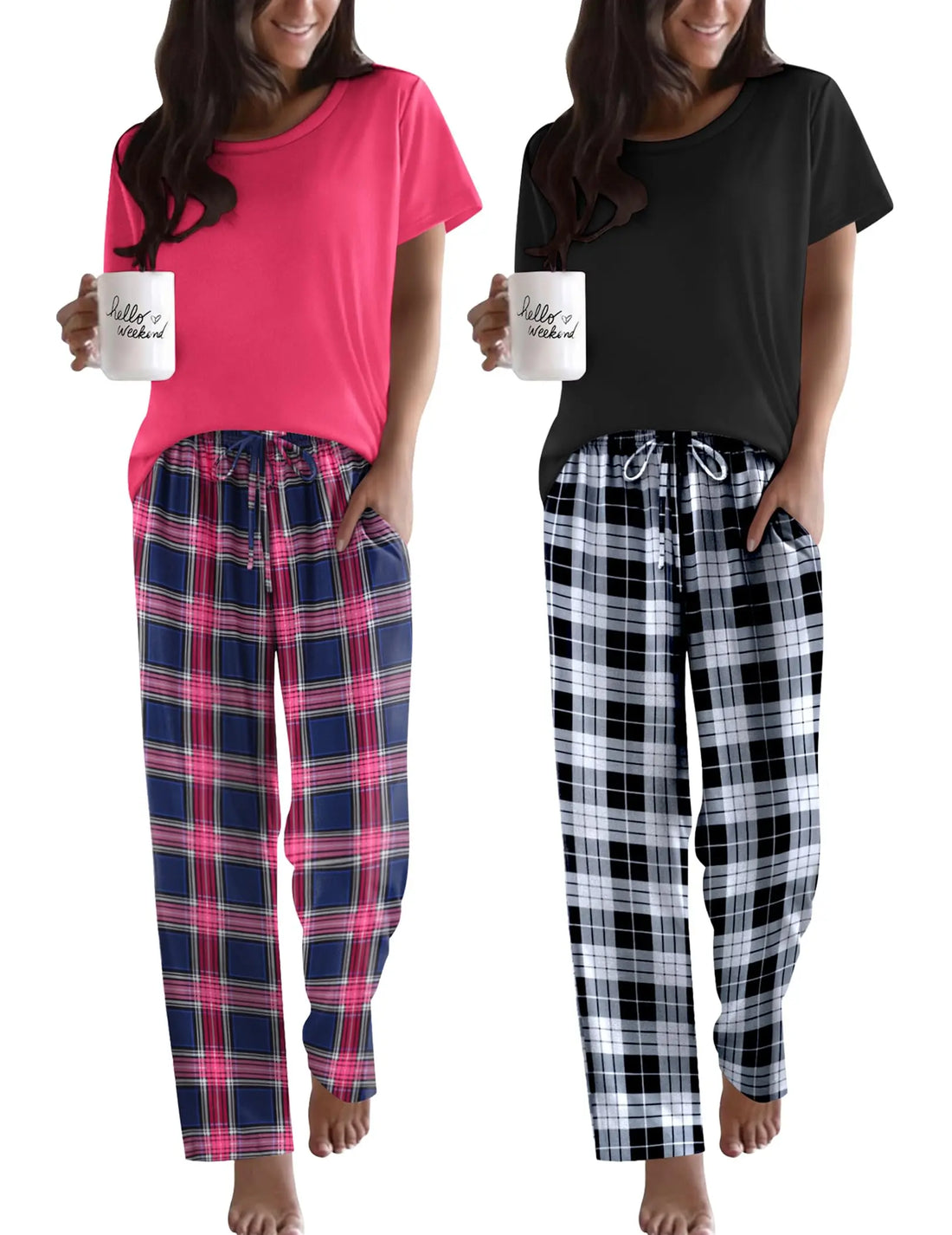 Ekouaer 2 Pack Pajamas for Women Set Short Sleeve Pj Top and Printed Pants | Soft PJs Cozy Printed Lounge Sets Comfy Sleepwear with Pockets WEBE CLOTHING