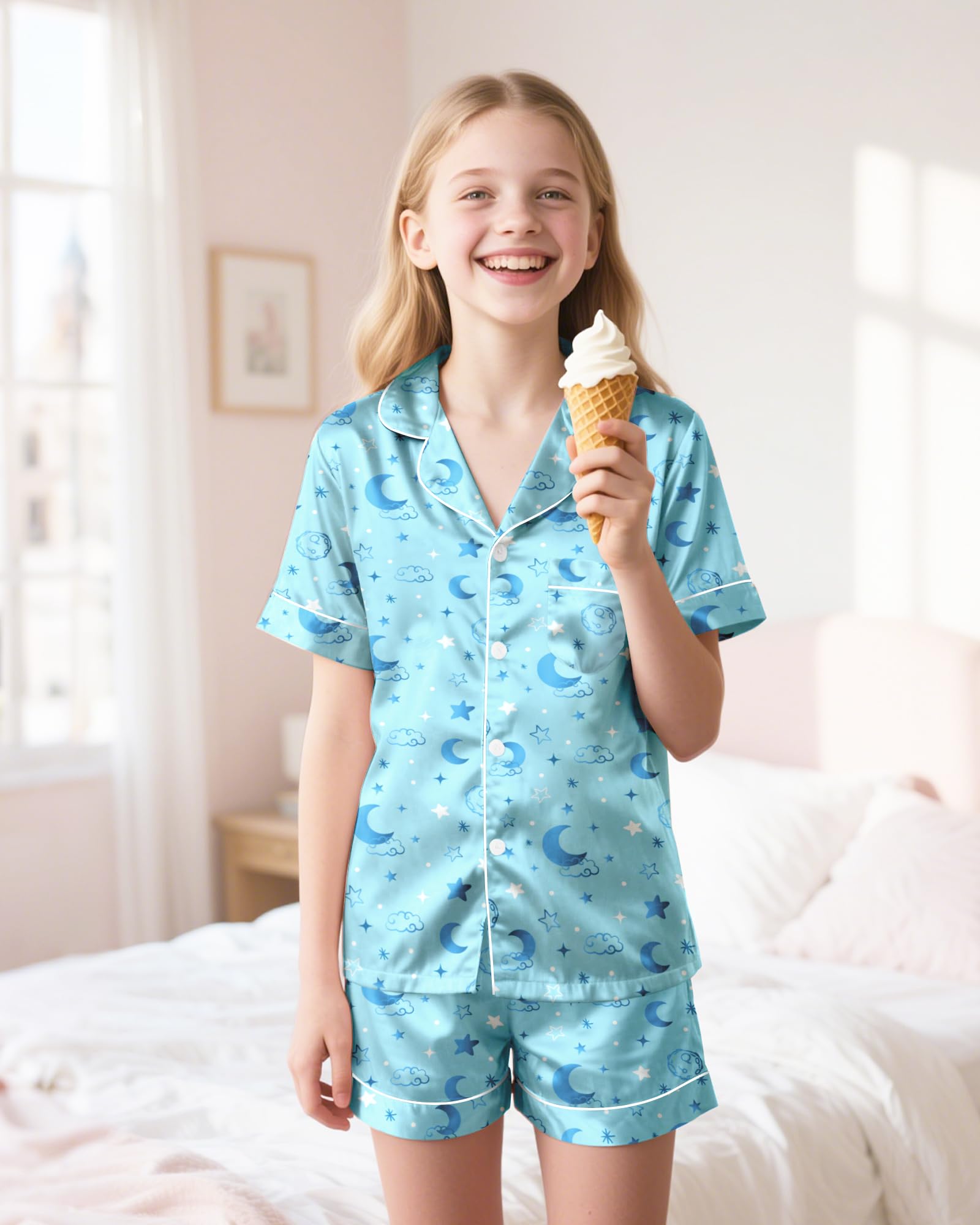 Sylfairy Girls Pajamas Silk PJS Set Pink Bow Satin Sleepwear Short Sleeve Jammies for Kids Button-Down Nightwear size 7-14