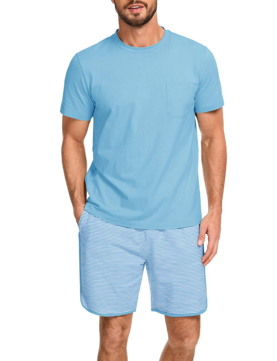 Mens Cotton Pajamas Set Stripe 2 Piece Lounge Set Pjs Summer Short Sleeve and Shorts Comfy Loungewear with Pockets WEBE CLOTHING