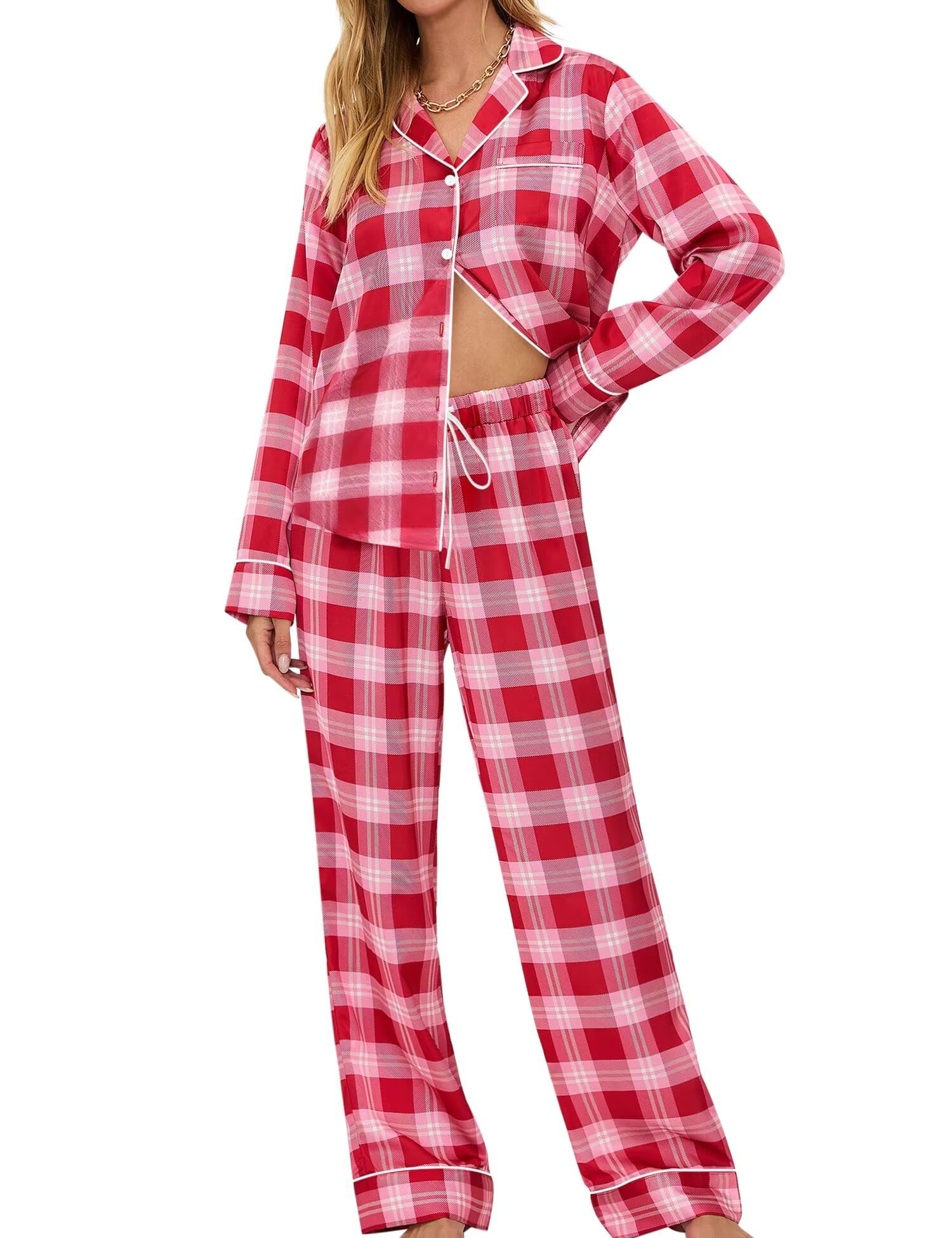 SWOMOG Womens Pajamas Set Long Sleeve Sleepwear Button Down Nightwear Soft Cotton Pj Lounge Sets