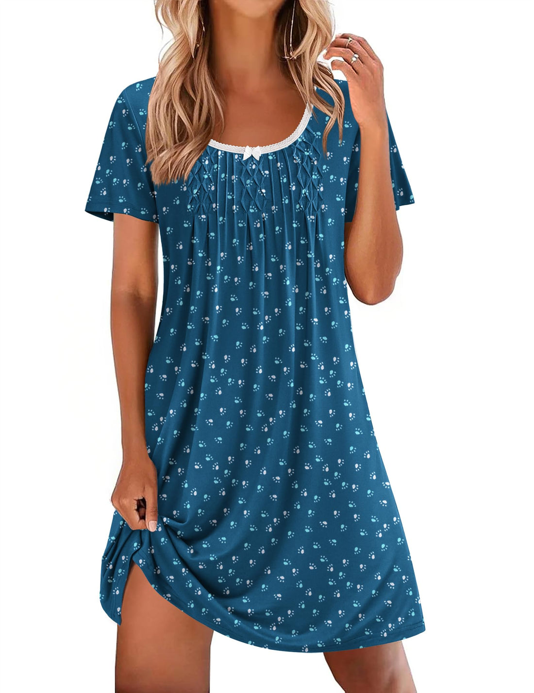 Ekouaer Nightgowns for Women Pleated Sleep Shirts Short Sleeve Night Shirts Lace Trim Night Gown Ladies Sleep Dress