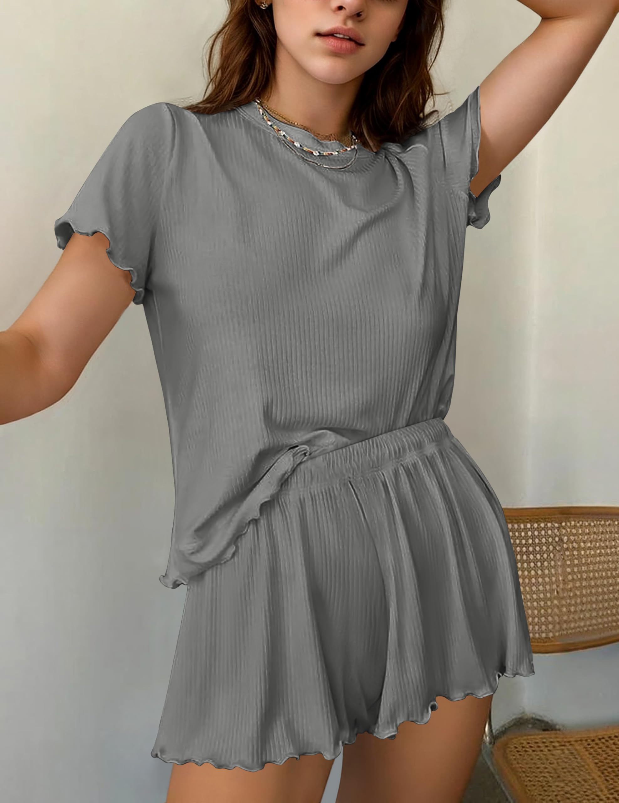 Ekouaer Womens Pajamas 2 Piece Ribbed Knit Pjs Short Sleeve Sleepwear Set Summer Soft Pajamas Set Casual Lounge Sets