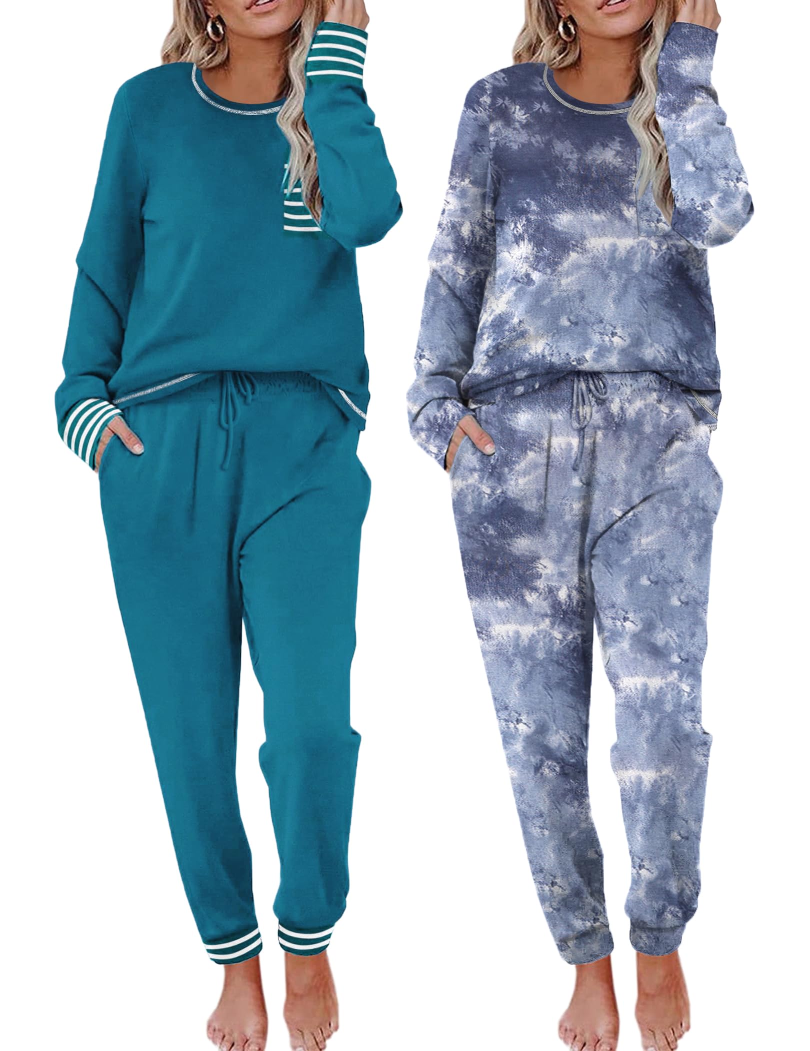 Ekouaer 2 Pack Womens Pajama Sets Long Sleeve Lounge Sets Soft Pj Sleepwear Loungewear