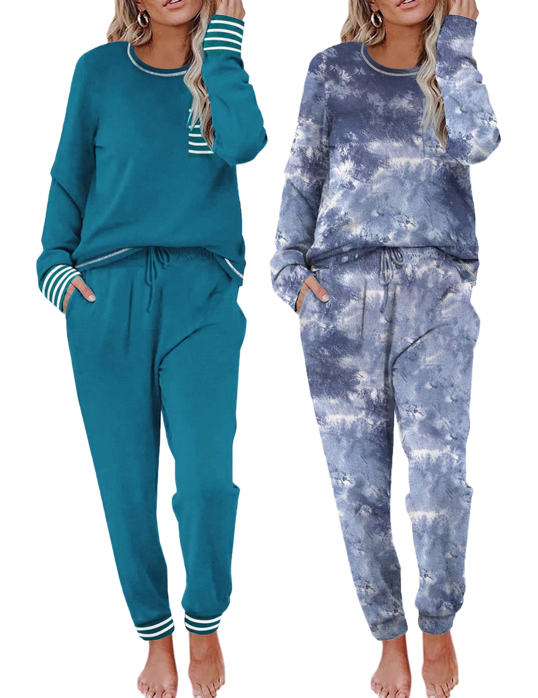 Ekouaer 2 Pack Womens Pajama Sets Long Sleeve Lounge Sets Soft Pj Sleepwear Loungewear