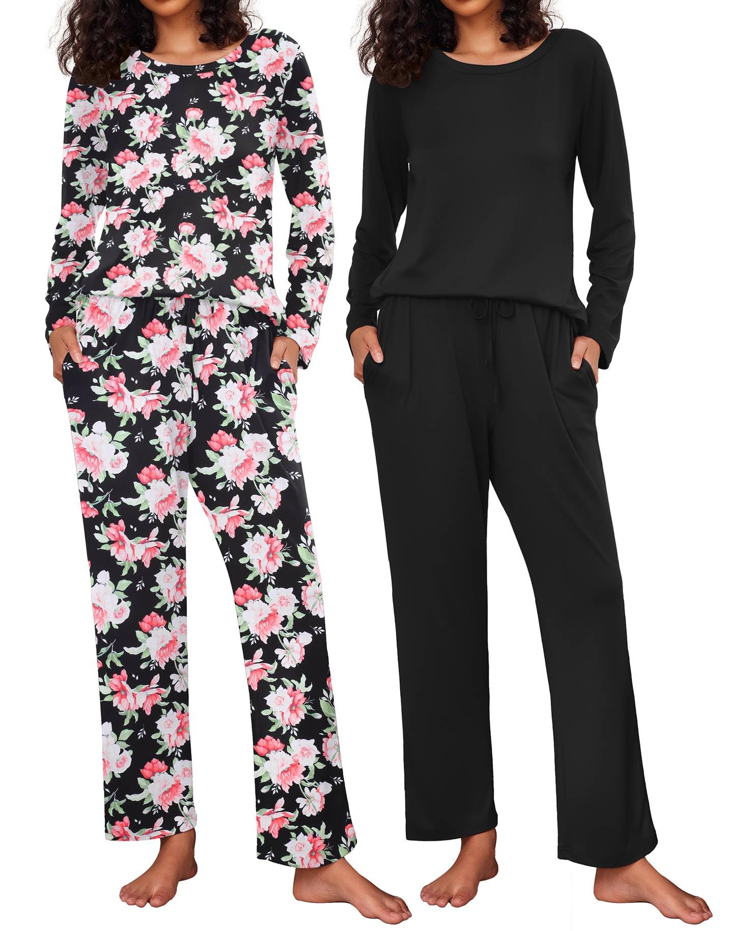 Ekouaer 2 Pack Womens Pajama Sets Long Sleeve Pjs Lounge Set Soft Comfy Sleepwear Winter Loungewear