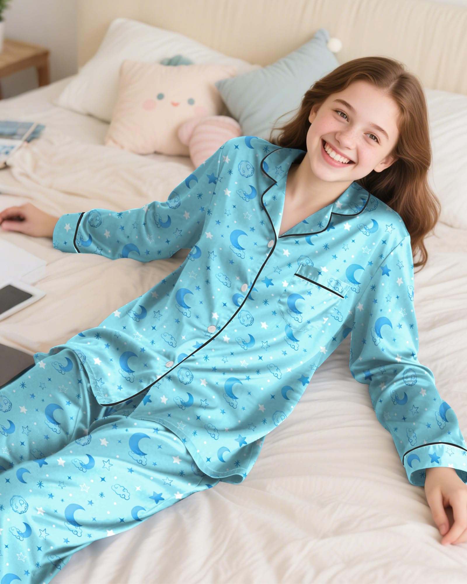Sylfairy Girls Pajamas Silk PJS Set Satin Sleepwear Long Sleeve Jammies for Kids Button-Down Nightwear Loungewear 3-16 Years