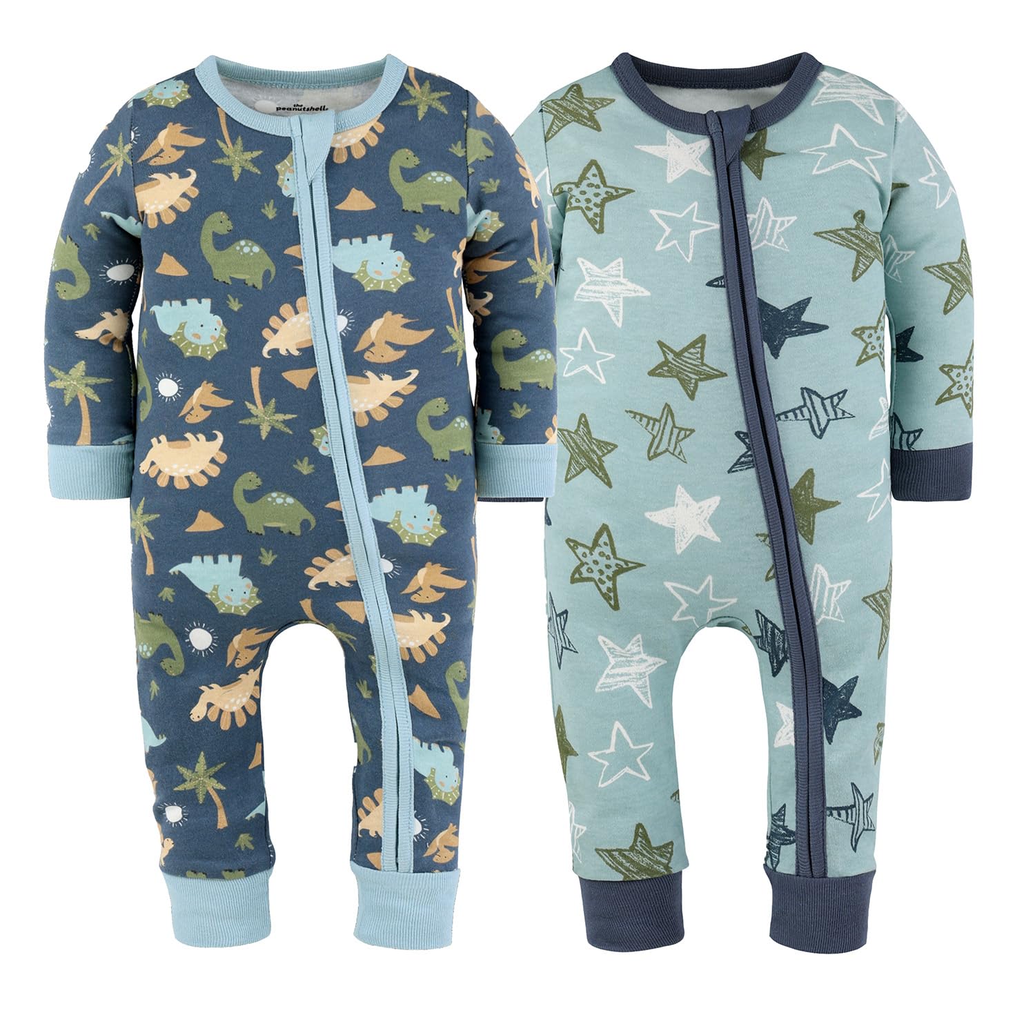 The Peanutshell 2-Pack Sleep and Play Baby Boy Clothes, Soft Cotton Footless Pajamas, Dino Star