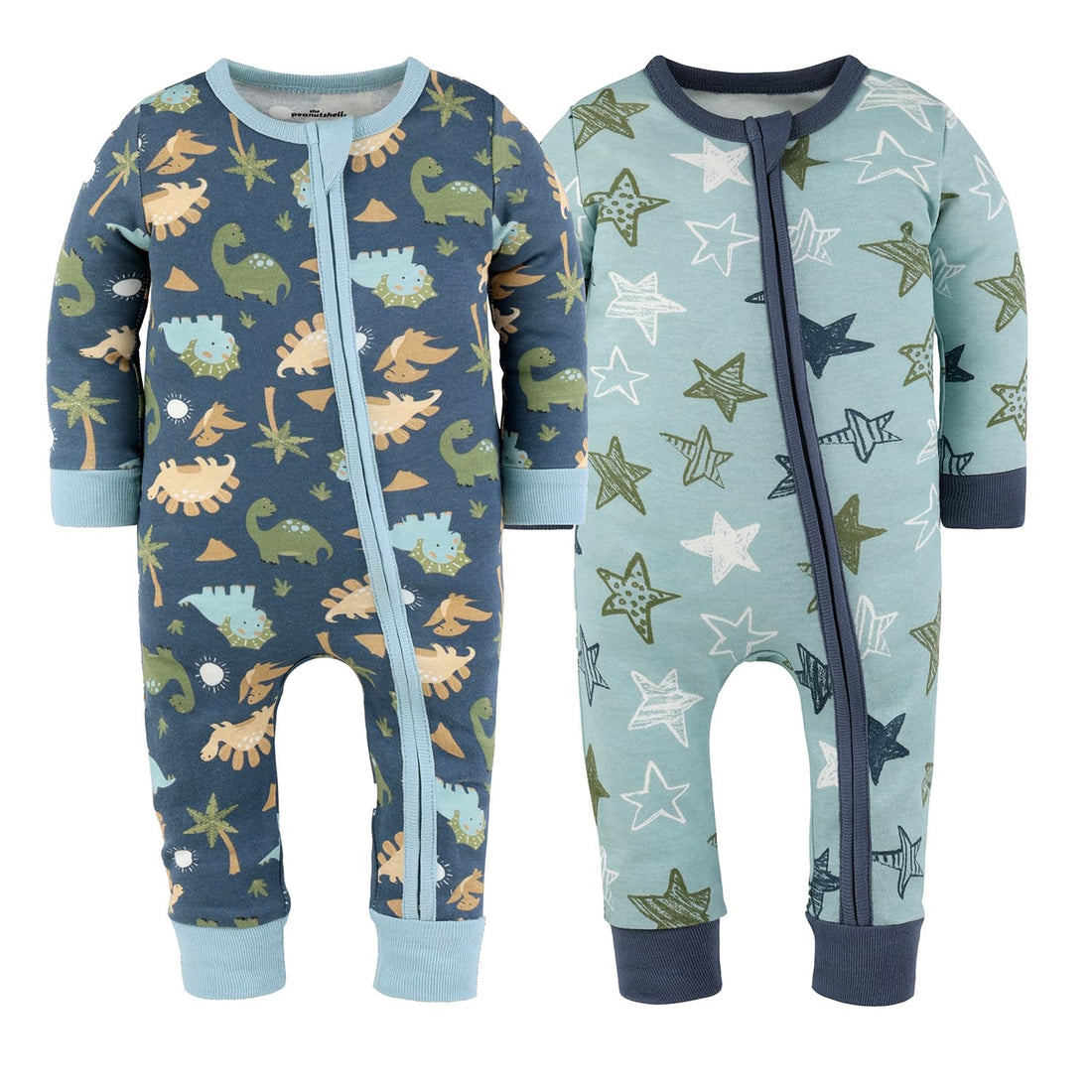 The Peanutshell 2-Pack Sleep and Play Baby Boy Clothes, Soft Cotton Footless Pajamas, Dino Star