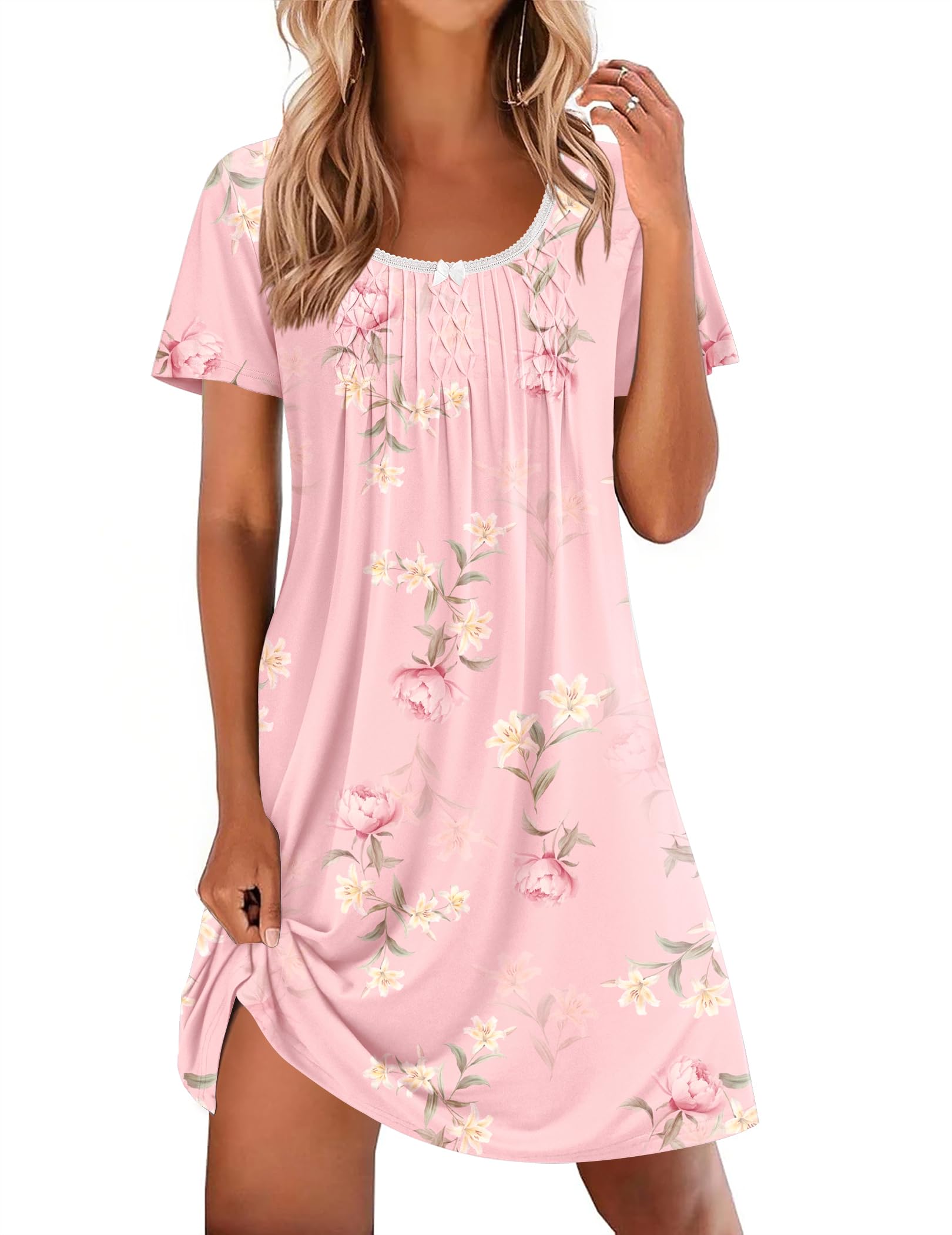 Ekouaer Nightgowns for Women Pleated Sleep Shirts Short Sleeve Night Shirts Lace Trim Night Gown Ladies Sleep Dress