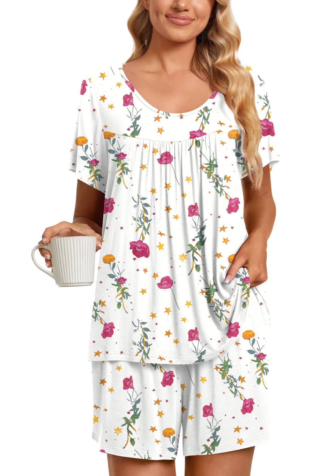 TAOHUADAO 2 Piece Women's Short Sleeve Pajama Sets, Lounge Sleepwear Ladies Pjs Sets with Pockets