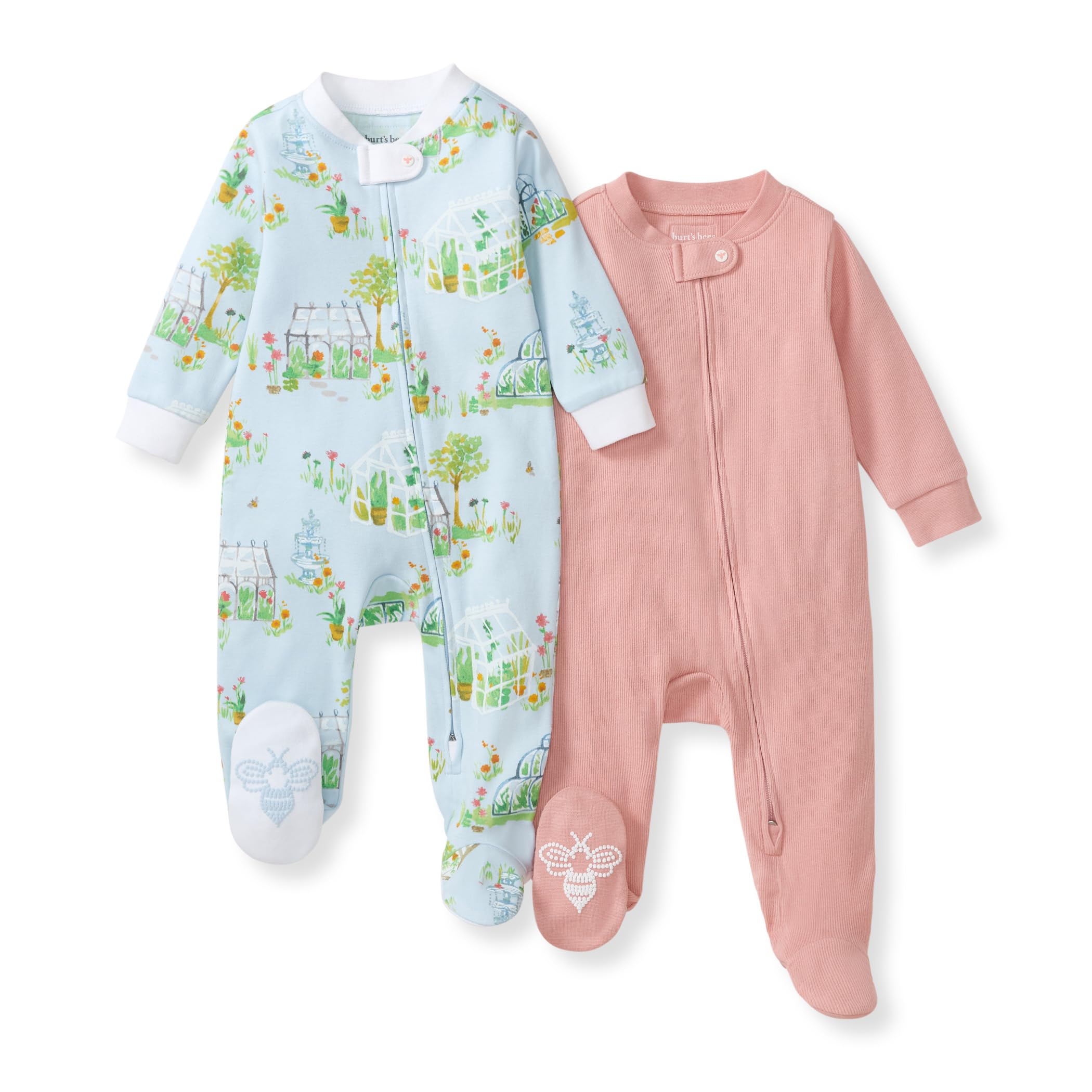 Burt's Bees Baby Organic Cotton Sleep and Play Footed Pajamas for Girls, Zipper PJ Newborn Sleeper with Non-Slip Bee Grips