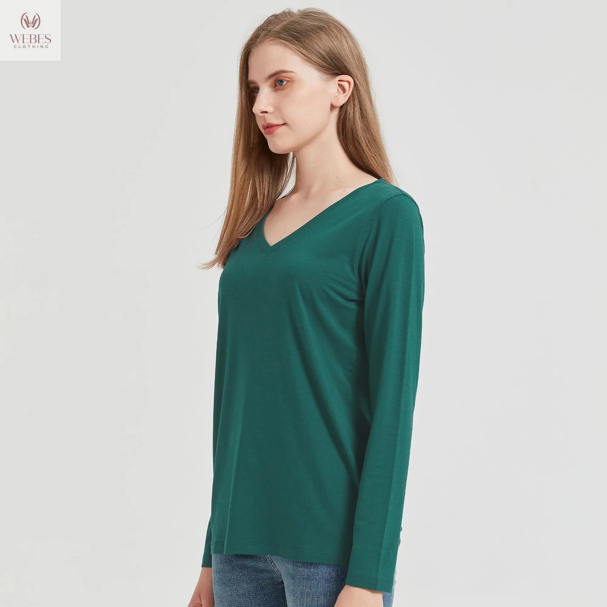 netdraw Women's Bamboo Viscose Long Sleeve V-Neck T-Shirt Soft Comfy Trendy Casual Sleep Pajama Lounge Tops