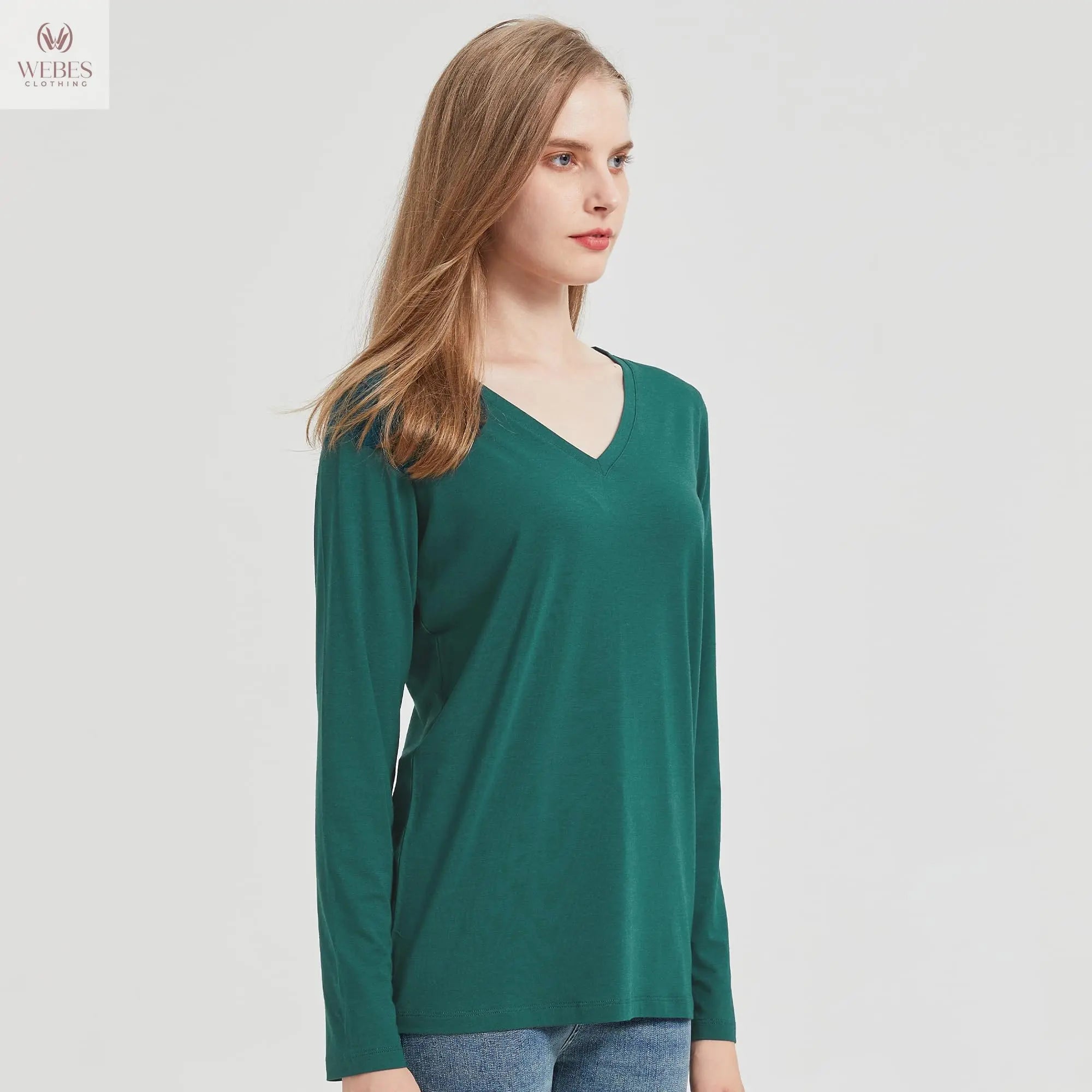 netdraw Women's Bamboo Viscose Long Sleeve V-Neck T-Shirt Soft Comfy Trendy Casual Sleep Pajama Lounge Tops