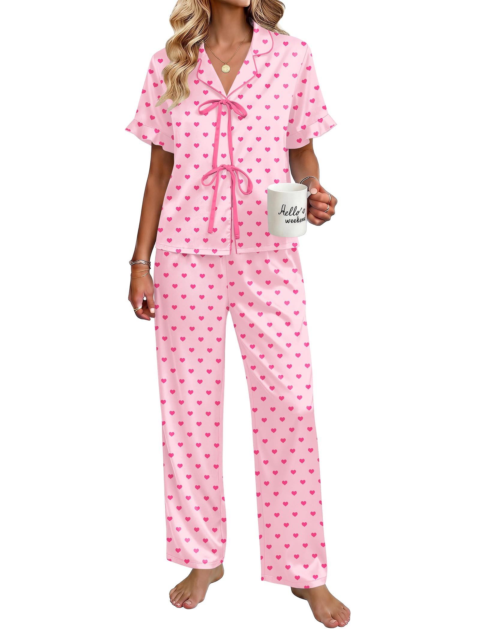 Ekouaer Womens Satin Pajama Sets Silky Tie Front Ruffle Pjs Sets Sleepwear | Soft lightweight satin fabric; tie-front top with ruffle cuffs, ideal for loungewear, bridal party and vacation wear WEBE CLOTHING