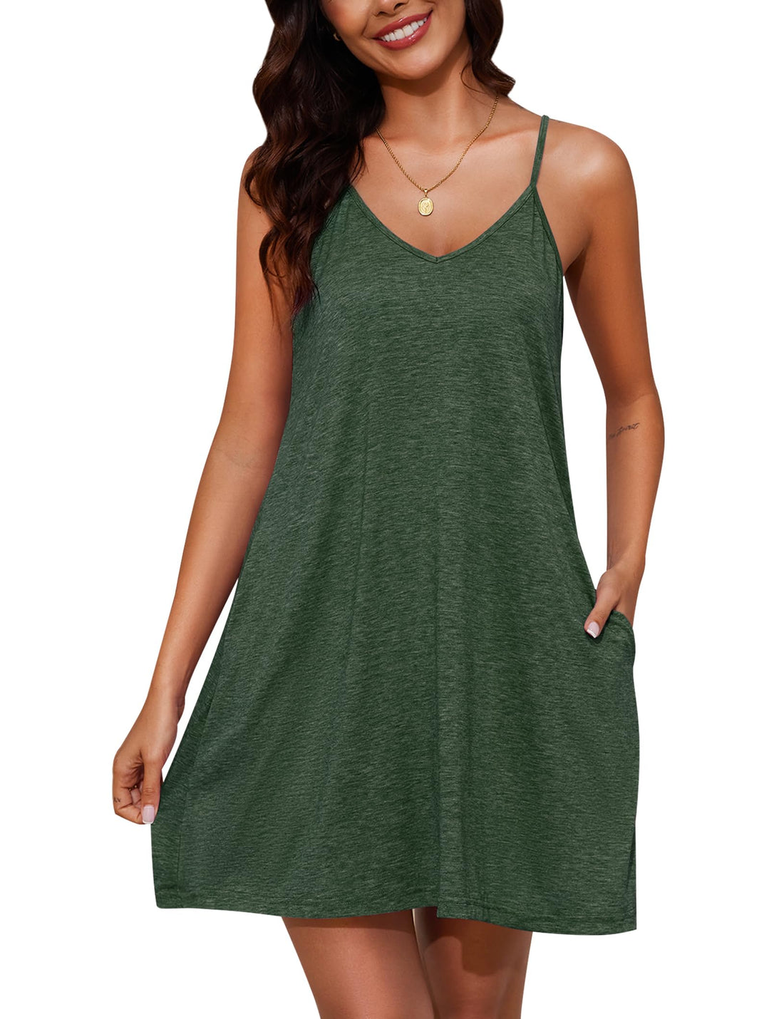 Marvmys Womens Cotton Sleeveless Nightgown Spaghetti Strap V Neck Full Slip Sleep Dress with Pockets WEBE CLOTHING