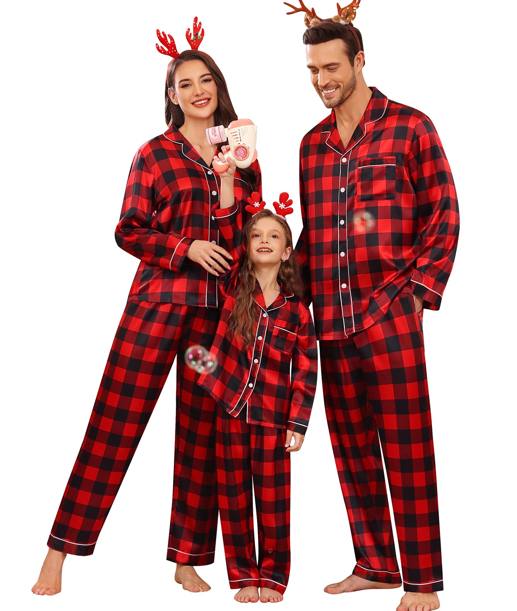 SWOMOG Family Matching Pajama Set Women/Men/Kids Satin Pajamas Long Sleeve Sleepwear Button Down Loungewear 2 Pcs Pj Set