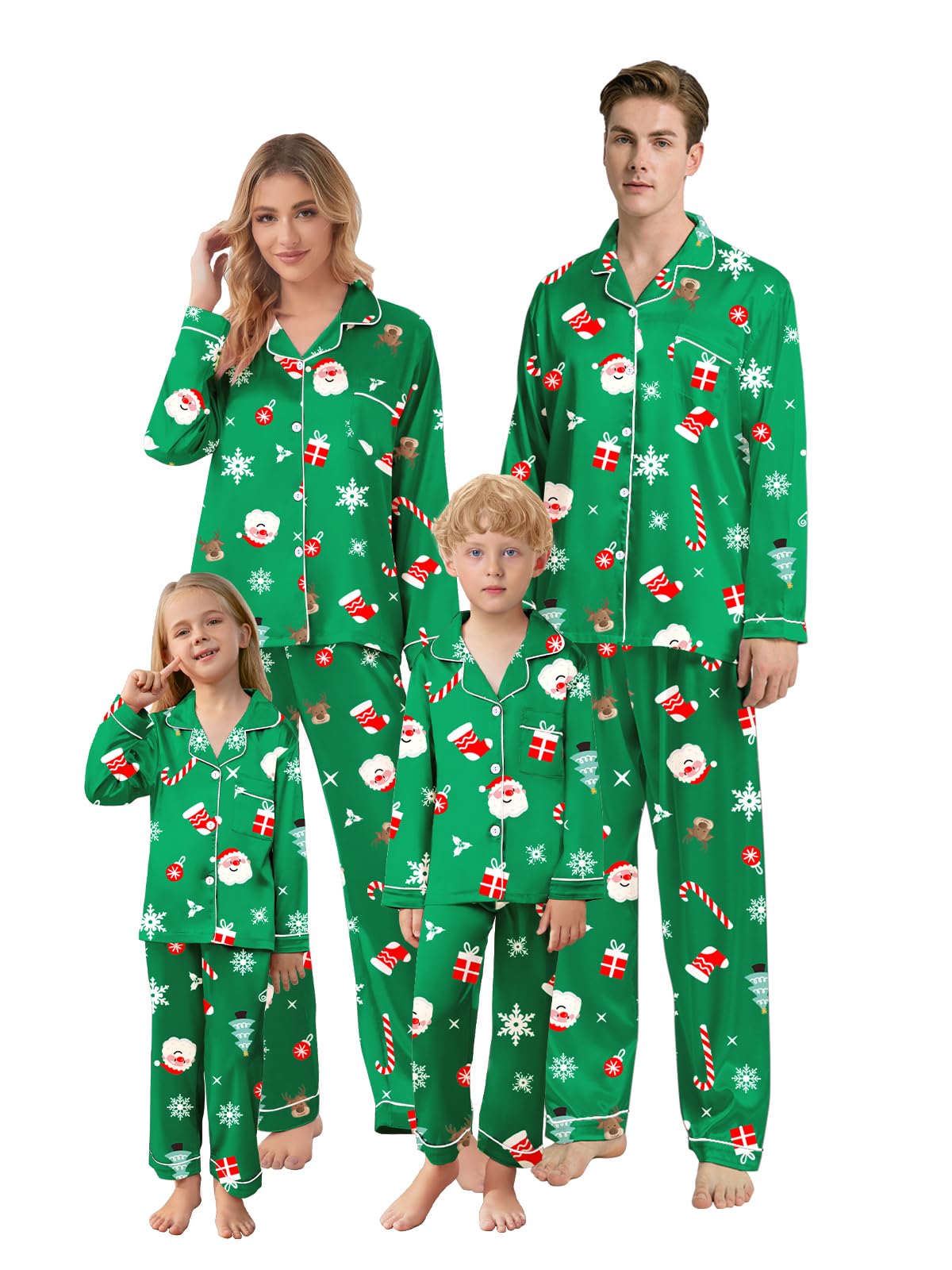 Schbbbta Christmas Family Silk Pajamas Matching Sets Long Sleeve Pj Set Satin Button Down Holiday Sleepwear