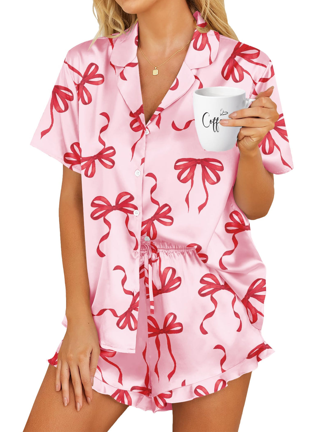 HOTOUCH Womens Satin Pajamas Set Button Down 2 Piece Silk Pjs Shorts Set Ruffle Lingerie Notch Collar Sleepwear