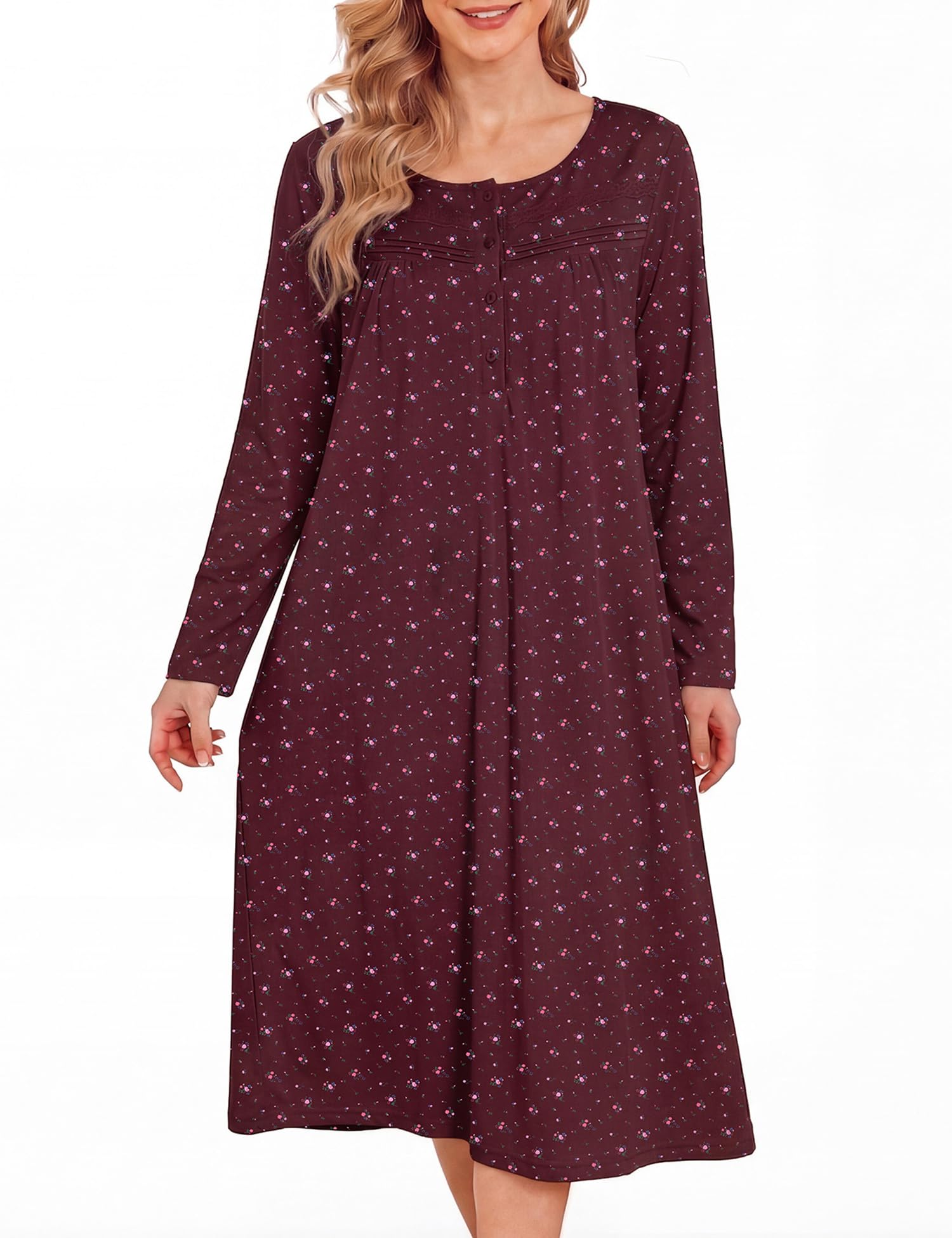 Bloggerlove Nightgowns for Women 100% Cotton Soft House Dress | 100 Full Cotton, Button Neck, Knee Length, Lace Trim Floral, Breathable, Skin-frieend, Loose Fit, Comfy Sleepwear WEBE CLOTHING