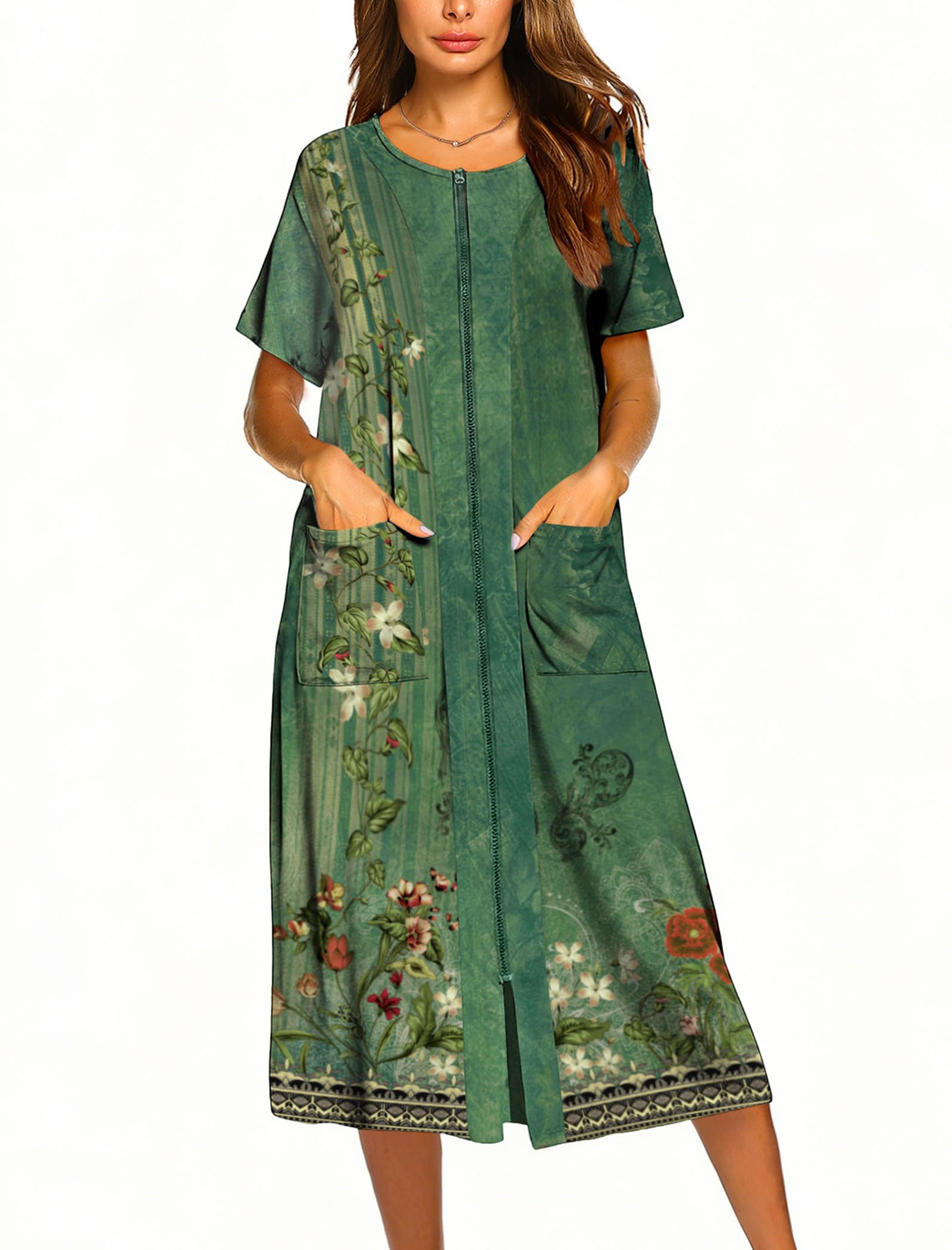 Ekouaer Robes For Women Zipper Bathrobe Short Sleeve Duster With Pockets | Zipper Front House Coat, Lightweight Sleepwear, Plus Size Loungewear, Ladies Nightgown for Mother, Postoperative Gown, Sleep
