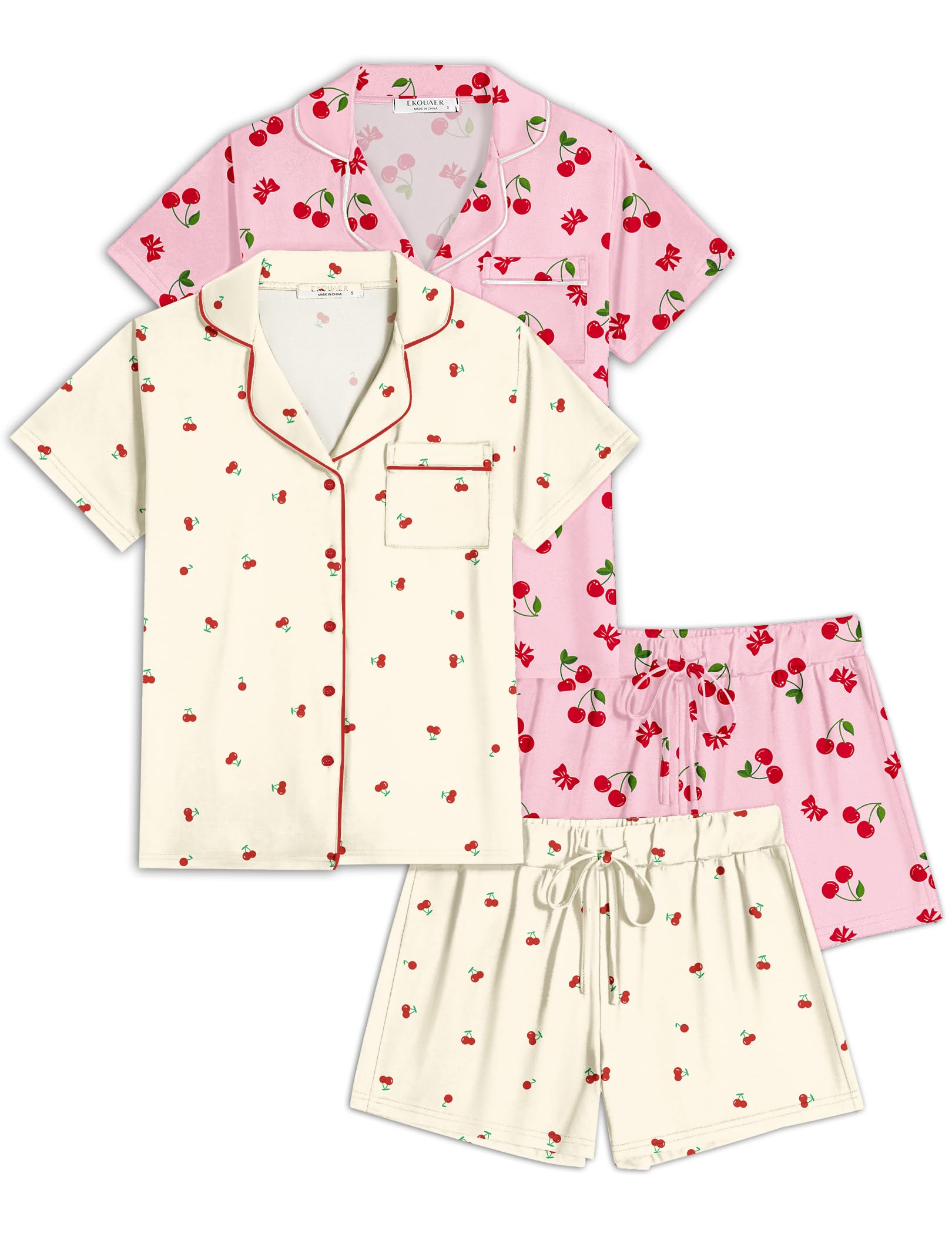 Ekouaer Womens Pajamas Set 2 Pack Button Down Summer Sleepwear Short Sleeve Comfy Pjs Loungewear Set
