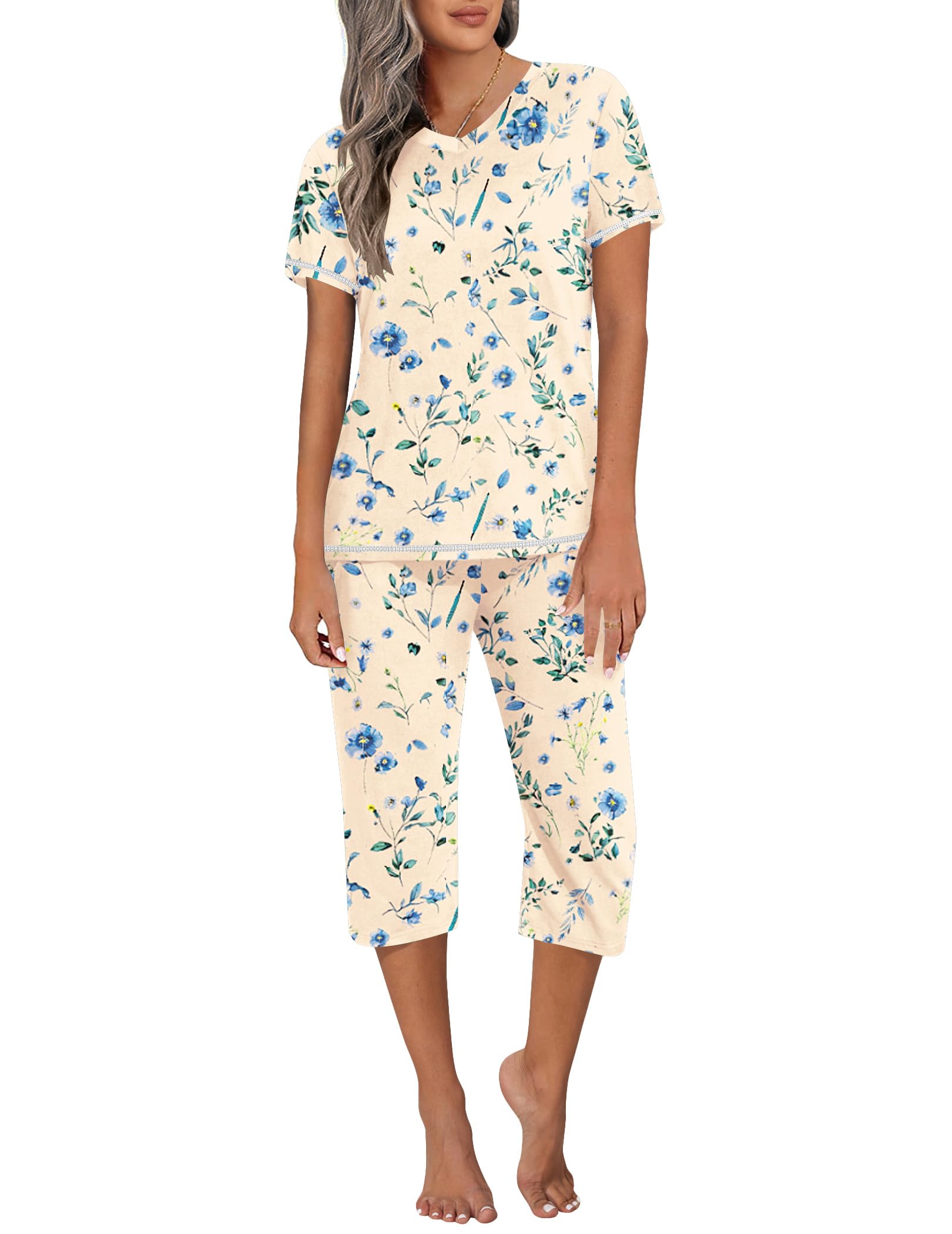 Ekouaer Women's Sleepwear Capri Pajama Sets Short Sleeve Two-Piece Pjs V Neck Tops & Capri Pants with Pockets S-3XL