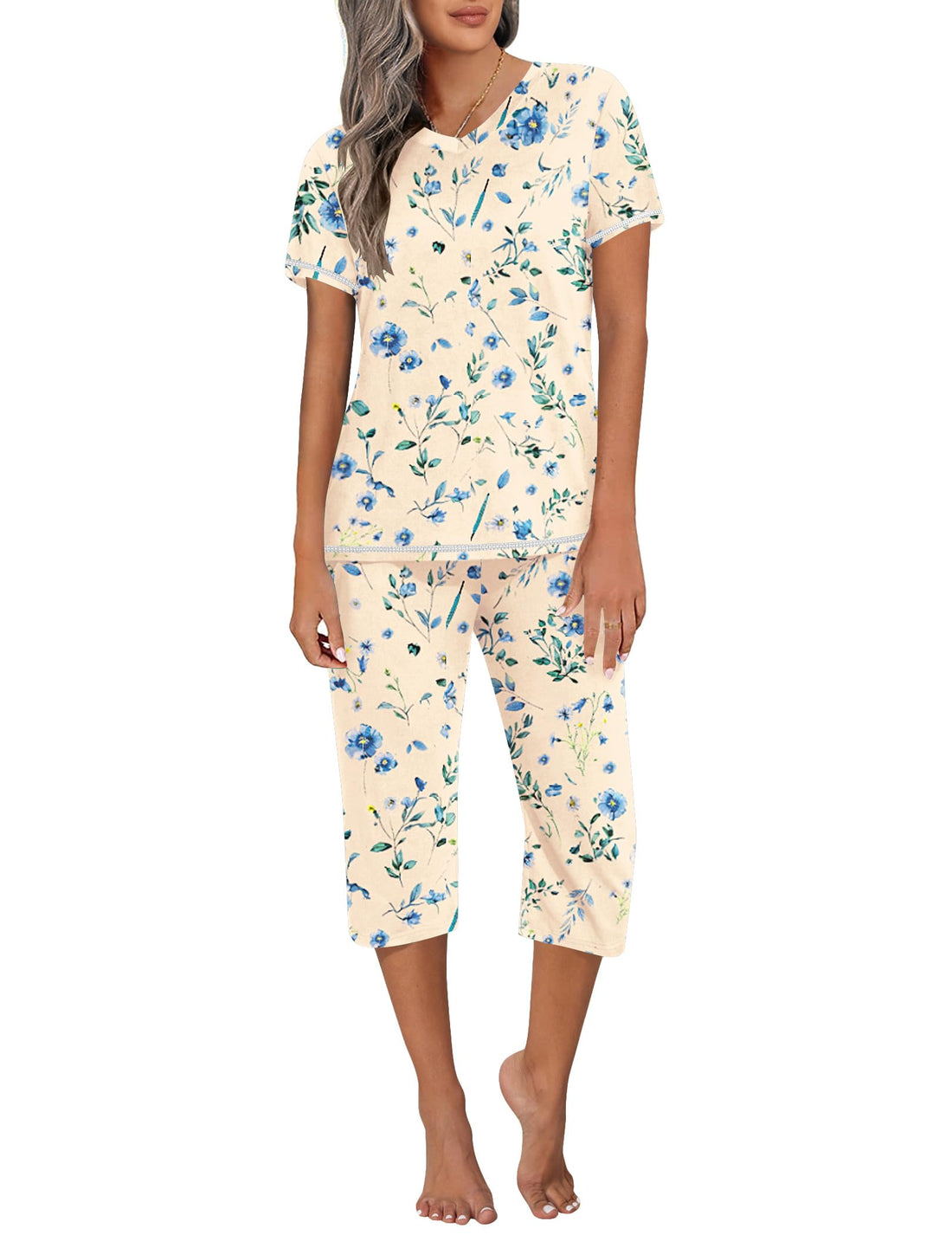 Ekouaer Women's Sleepwear Capri Pajama Sets Short Sleeve Two-Piece Pjs V Neck Tops & Capri Pants with Pockets S-3XL