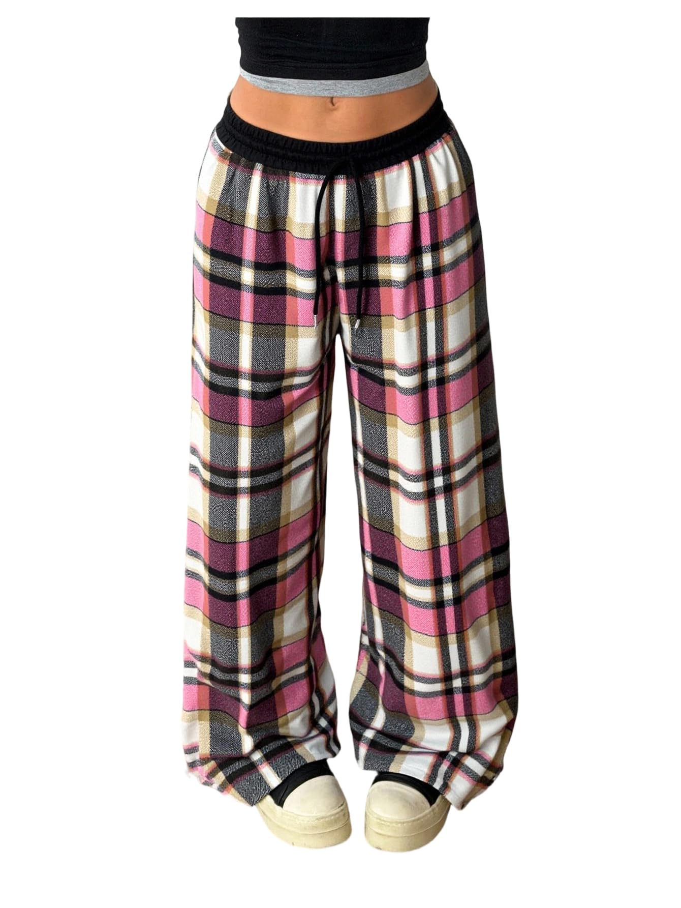 SOLY HUX Women's Plaid Checkered Pants Flannel Pajama Pants Lounge Wide Leg Baggy Sweatpants with Pockets