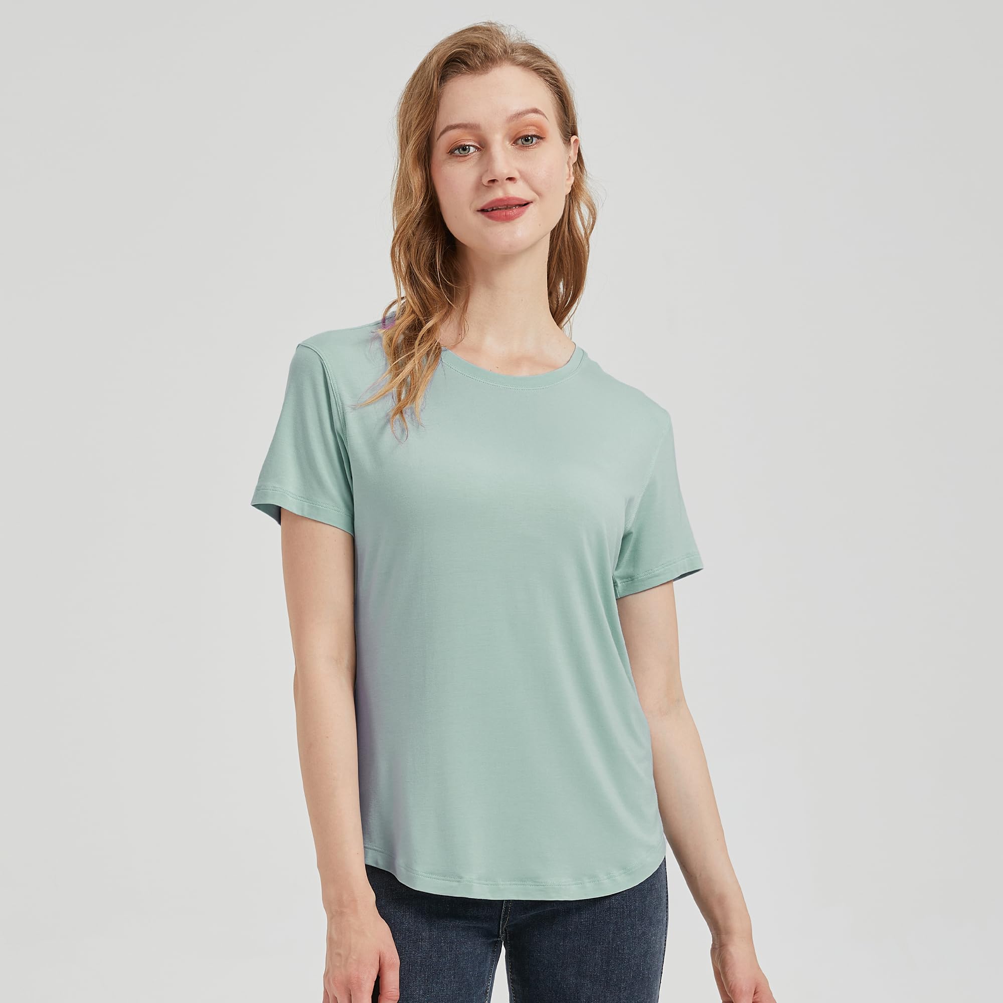 netdraw Women's Soft Bamboo Viscose T-Shirt, Curved Hem Crew Neck Short Sleeve Moisture Wicking Casual Sleep Pajama Tops