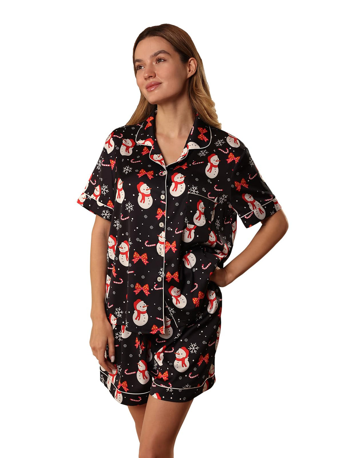 Christmas Pajamas Shorts Silk Pjs Women Satin Pajama Cute Print Tee and Shorts Gift Sleepwear 2 Pieces Loungewear