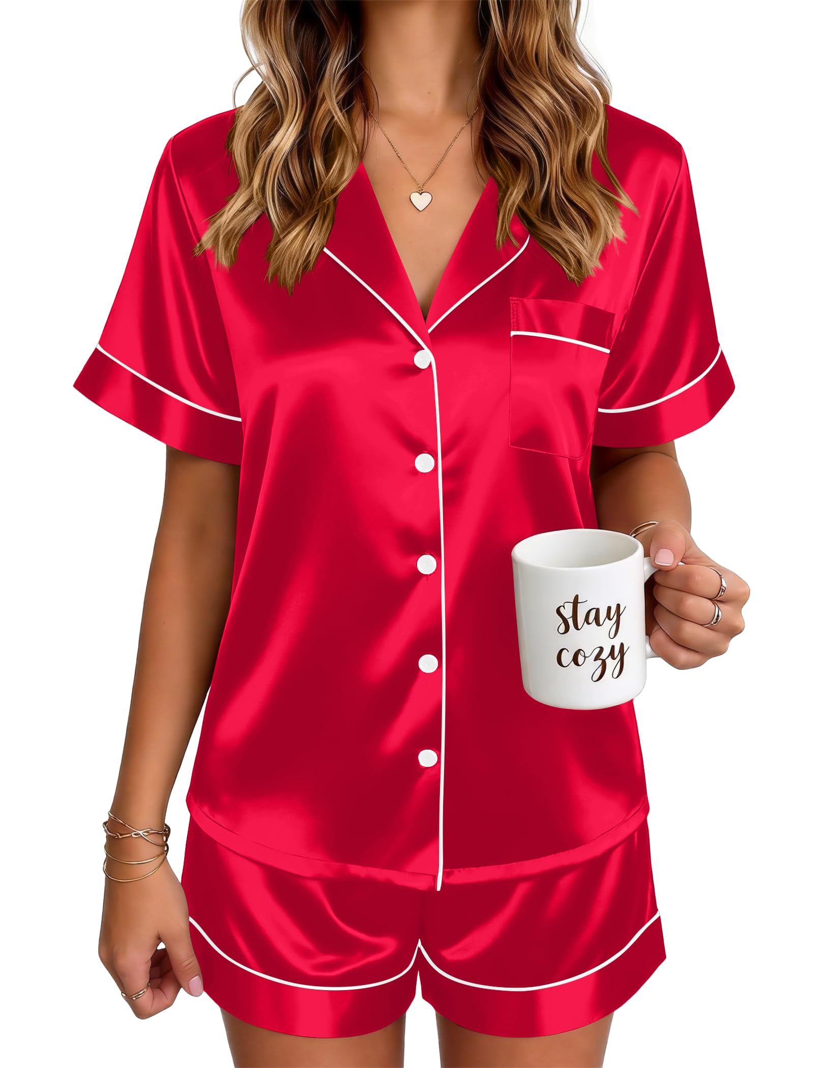 Ekouaer Satin Pajamas for Women Silk Pjs Short Set 2 Piece Button Up Lounge Sets Short Sleeve Sleepwear S-XXL