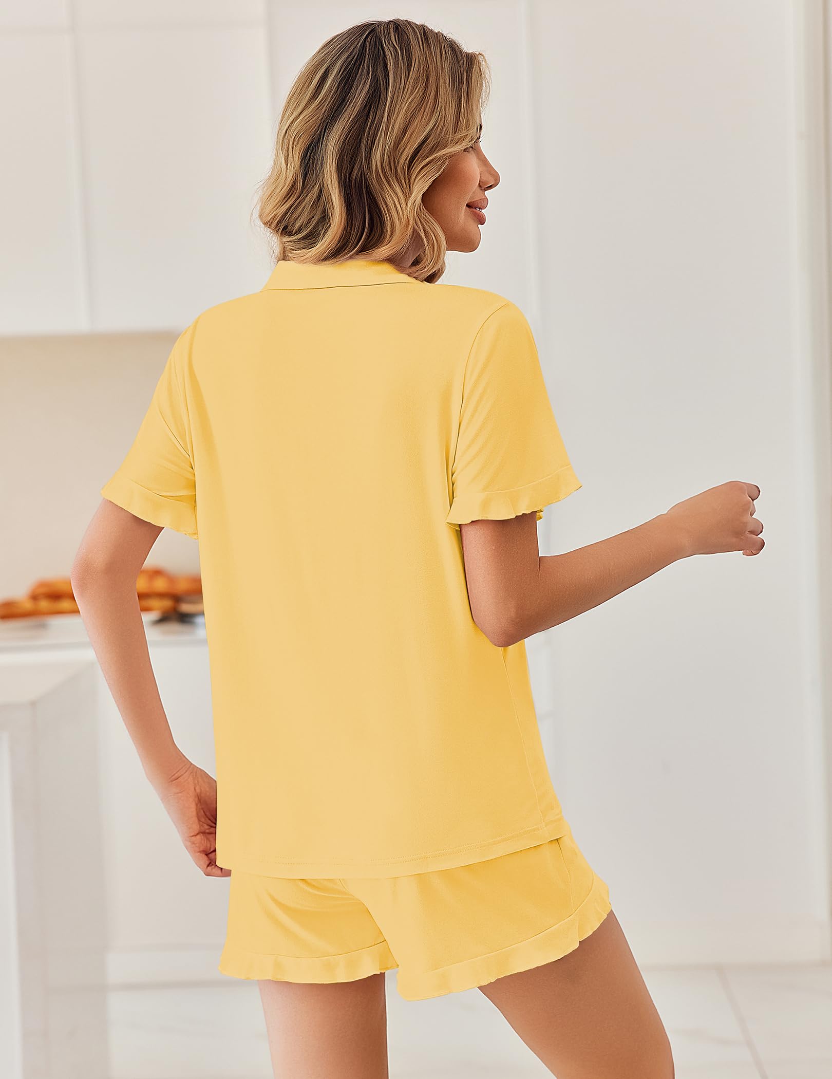 Ekouaer Pajamas Set for Women Button Down Pjs Lounge Sets Ruffle Short Sleeve Sleepwear Cute Loungewear