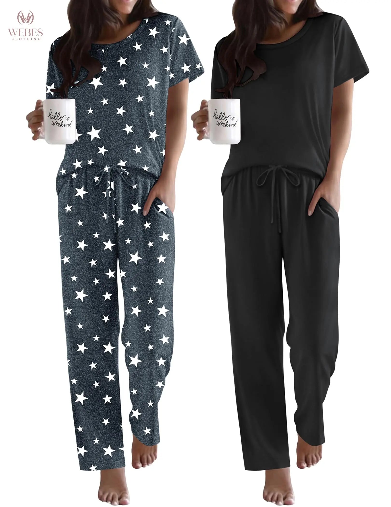 Ekouaer 2 Pack Pajamas for Women Set Short Sleeve Pj Top and Printed Pants | Soft PJs Cozy Printed Lounge Sets Comfy Sleepwear with Pockets WEBE CLOTHING