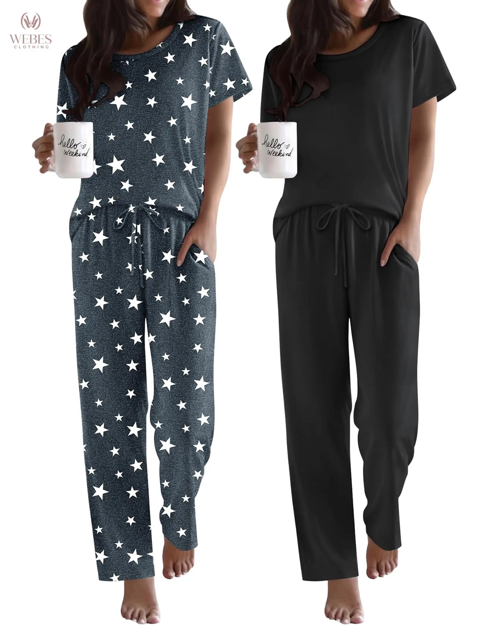 Ekouaer 2 Pack Pajamas for Women Set Short Sleeve Pj Top and Printed Pants | Soft PJs Cozy Printed Lounge Sets Comfy Sleepwear with Pockets WEBE CLOTHING