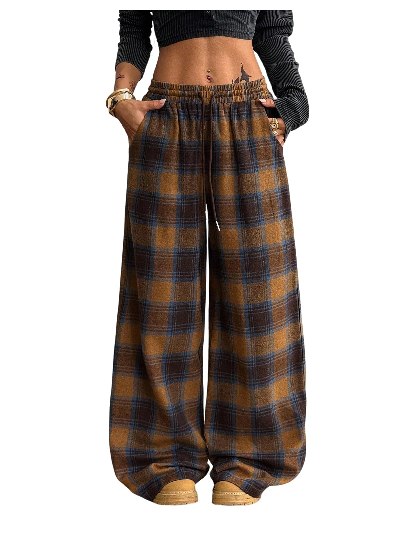 SOLY HUX Women's Plaid Checkered Pants Flannel Pajama Pants Lounge Wide Leg Baggy Sweatpants with Pockets
