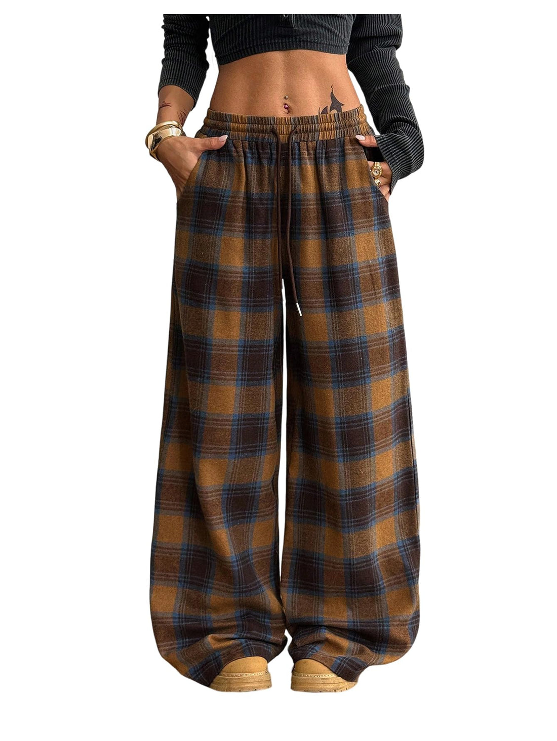 SOLY HUX Women's Plaid Checkered Pants Flannel Pajama Pants Lounge Wide Leg Baggy Sweatpants with Pockets