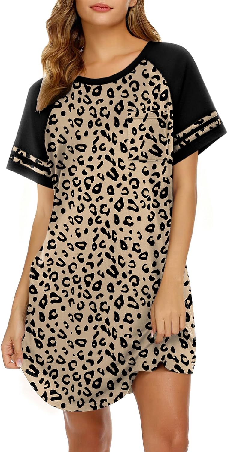 Ekouaer Nightgowns for Women Short Sleeve Sleepshirts Crew Neck Nightshirts Color Block Pajamas Dress Soft Sleepwear WEBE CLOTHING