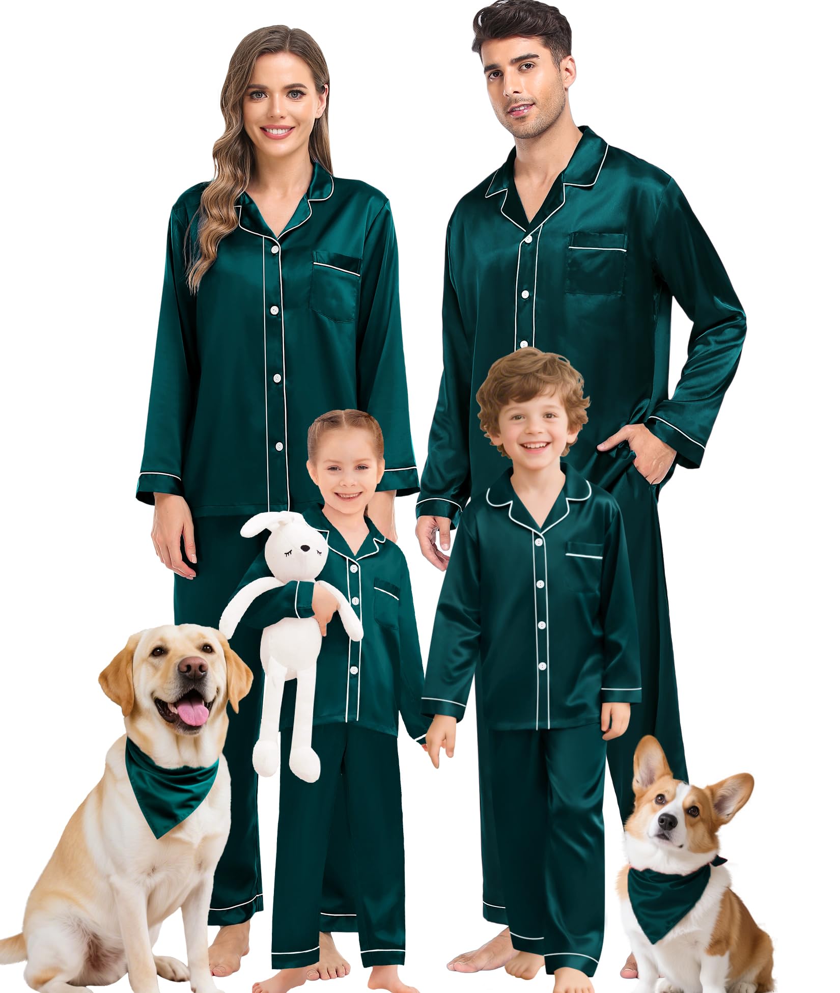 SWOMOG Family Matching Pajama Set Women/Men/Kids Satin Pajamas Long Sleeve Sleepwear Button Down Loungewear 2 Pcs Pj Set