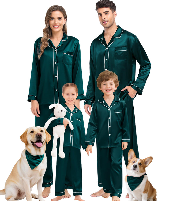 SWOMOG Family Matching Pajama Set Women/Men/Kids Satin Pajamas Long Sleeve Sleepwear Button Down Loungewear 2 Pcs Pj Set