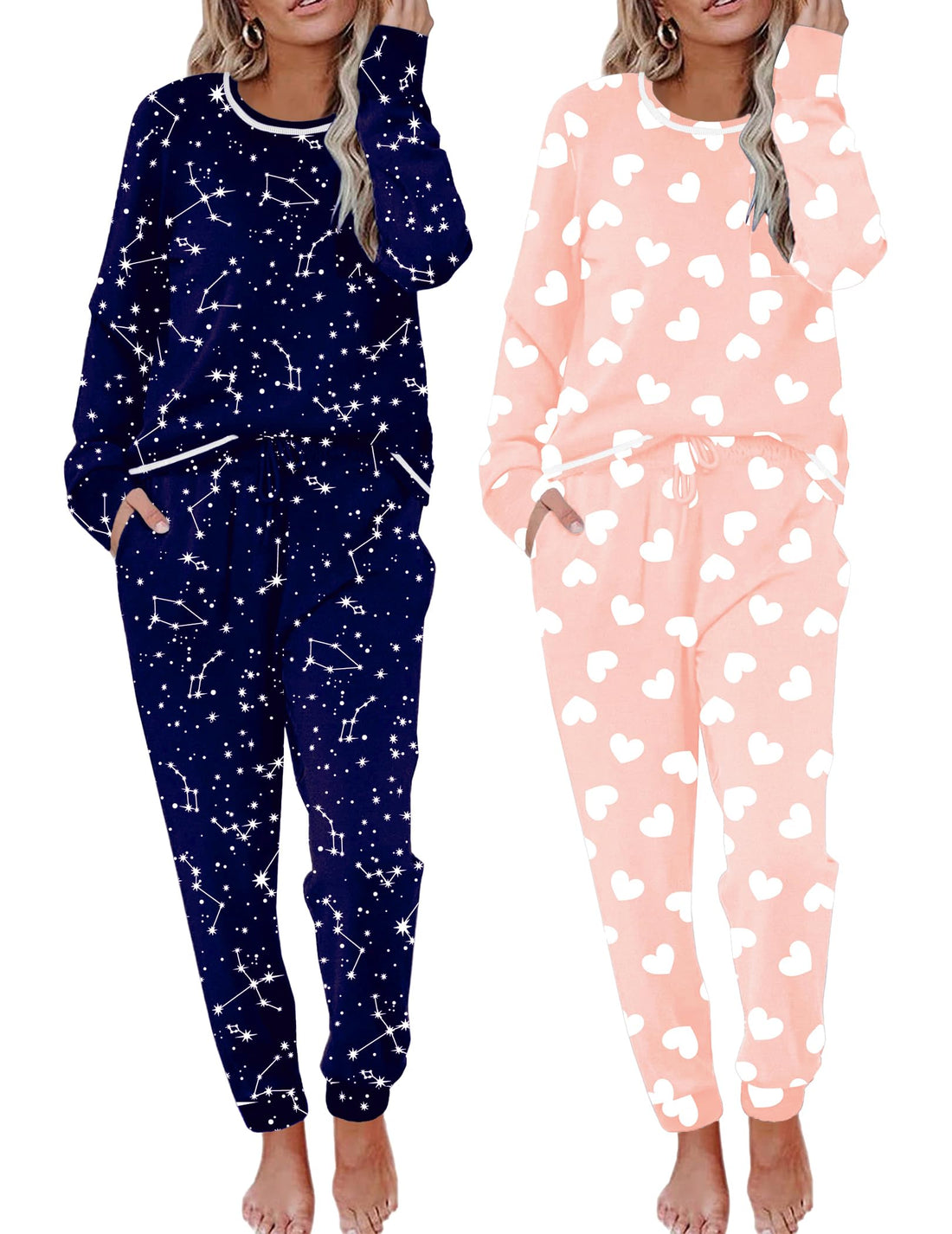 Ekouaer 2 Pack Womens Pajama Sets Long Sleeve Lounge Sets Soft Pj Sleepwear Loungewear