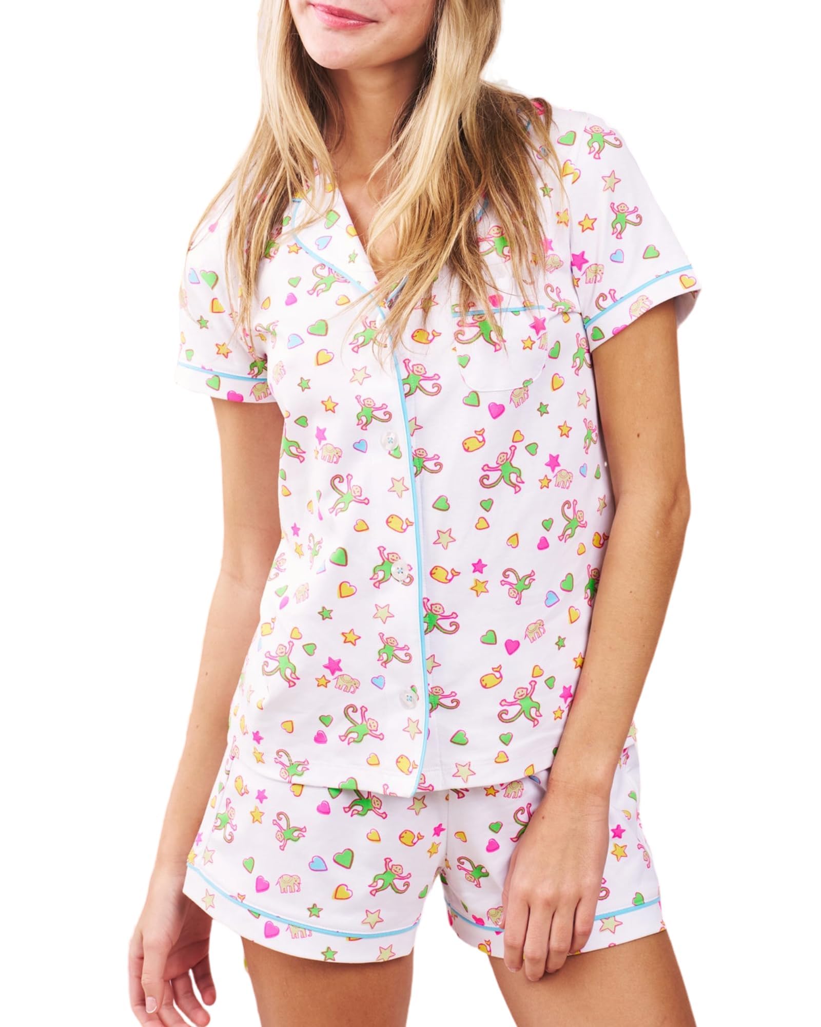 Women Y2k Pajamas Set Cute Preppy 2PCS Button Down Holiday Monkey Shorts Summer Outfit Beach Vacation Loungewear PJs WEBE CLOTHING