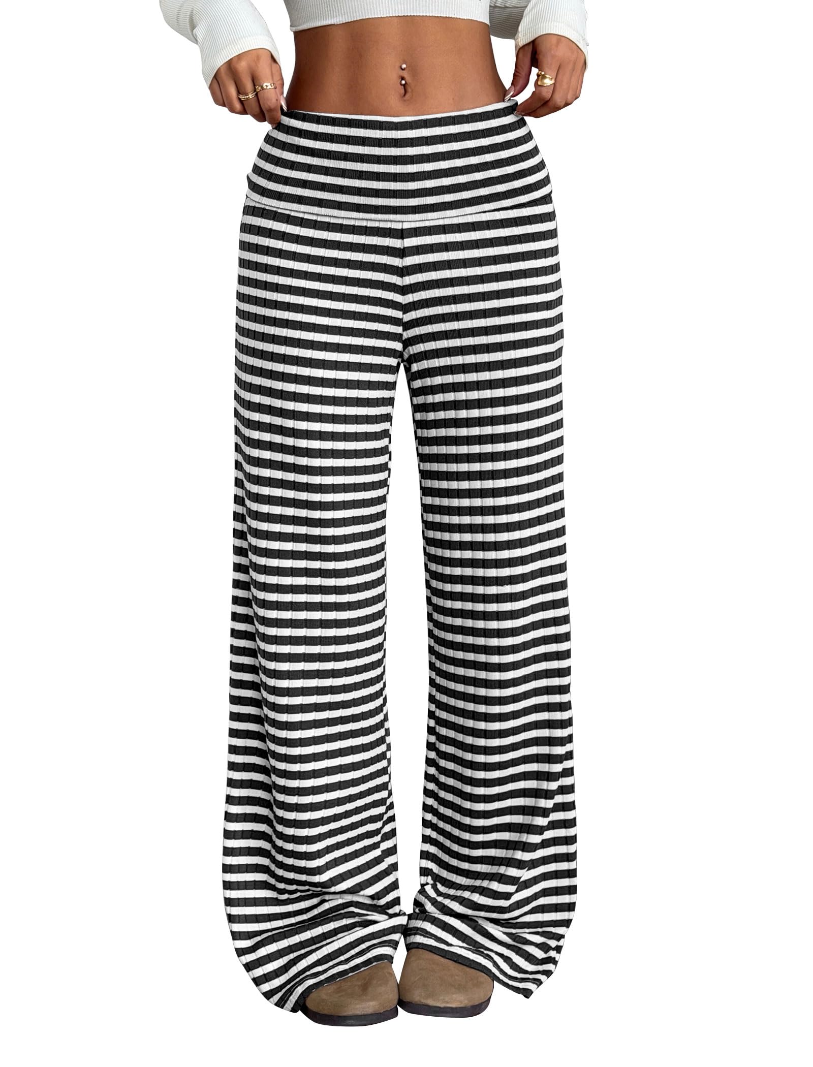 ZAFUL Women's Striped Pants Casual Fold Waist Wide Leg Pants Lightweight Comfy Stretchy Loose Lounge Pajama Pants
